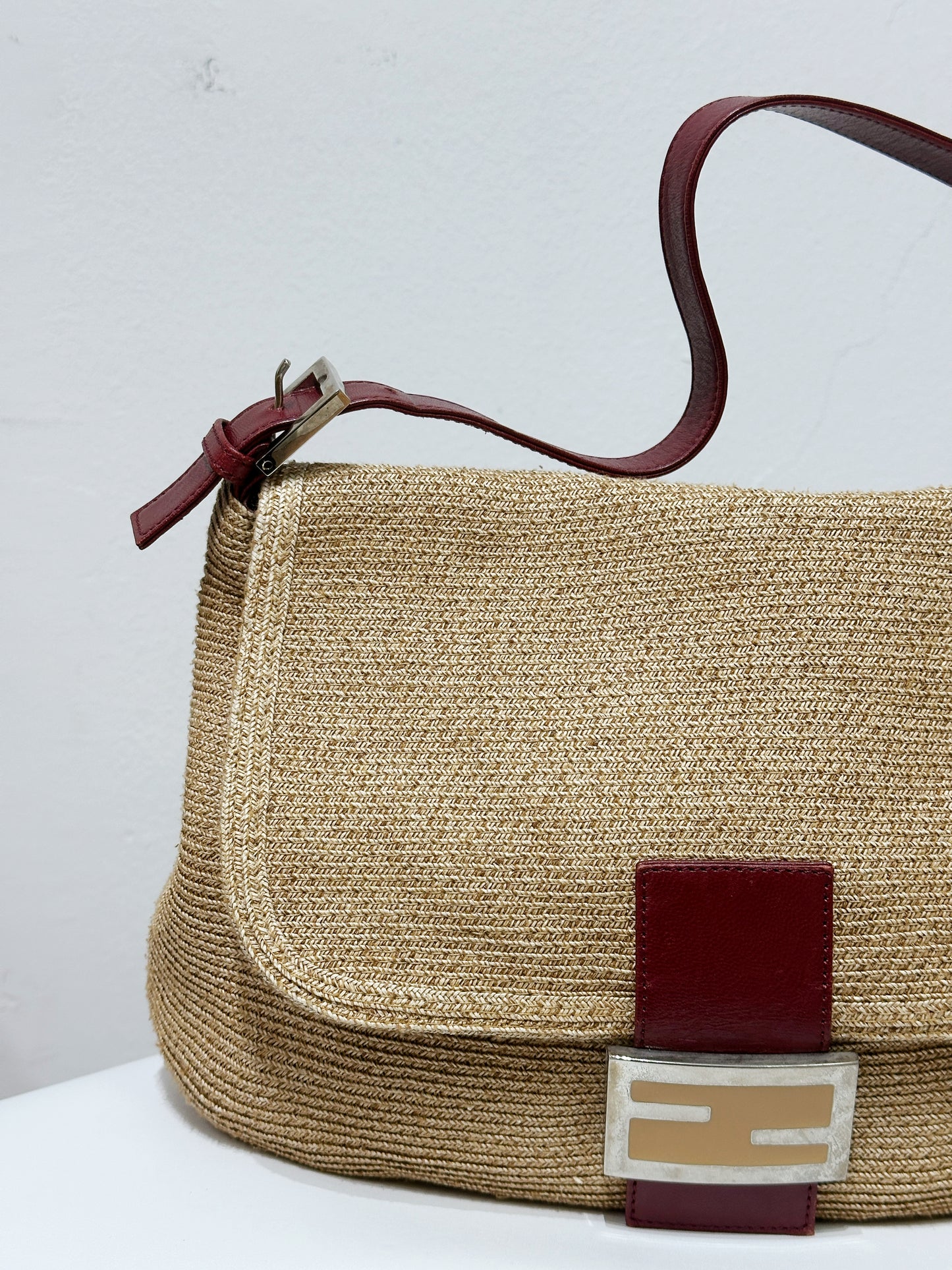 Fendi Mamma Baguette Raffia Straw Shoulder Bag Red Leather Strap