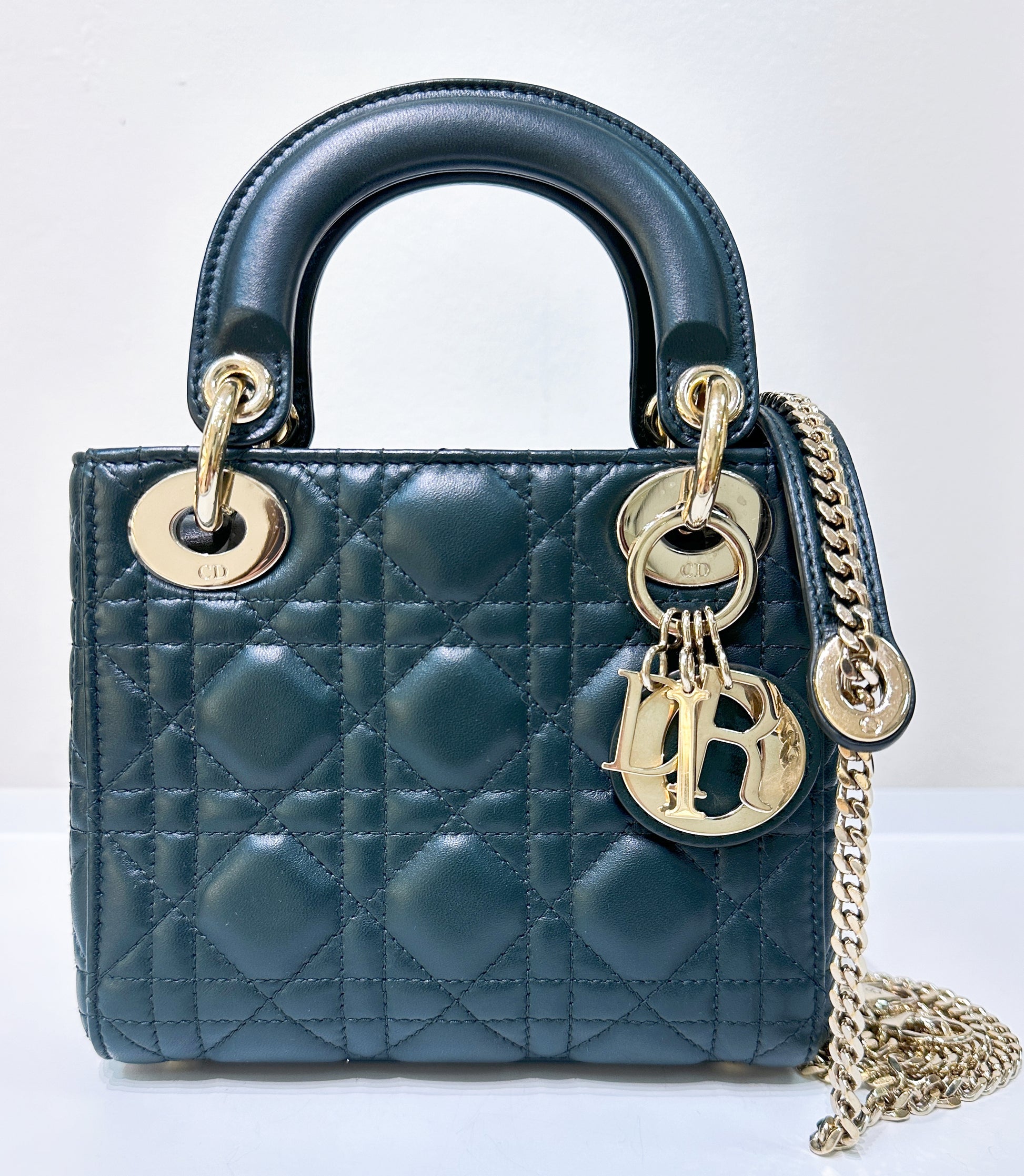 CHRISTIAN DIOR Lambskin Cannage Mini Lady Dior Dark Green