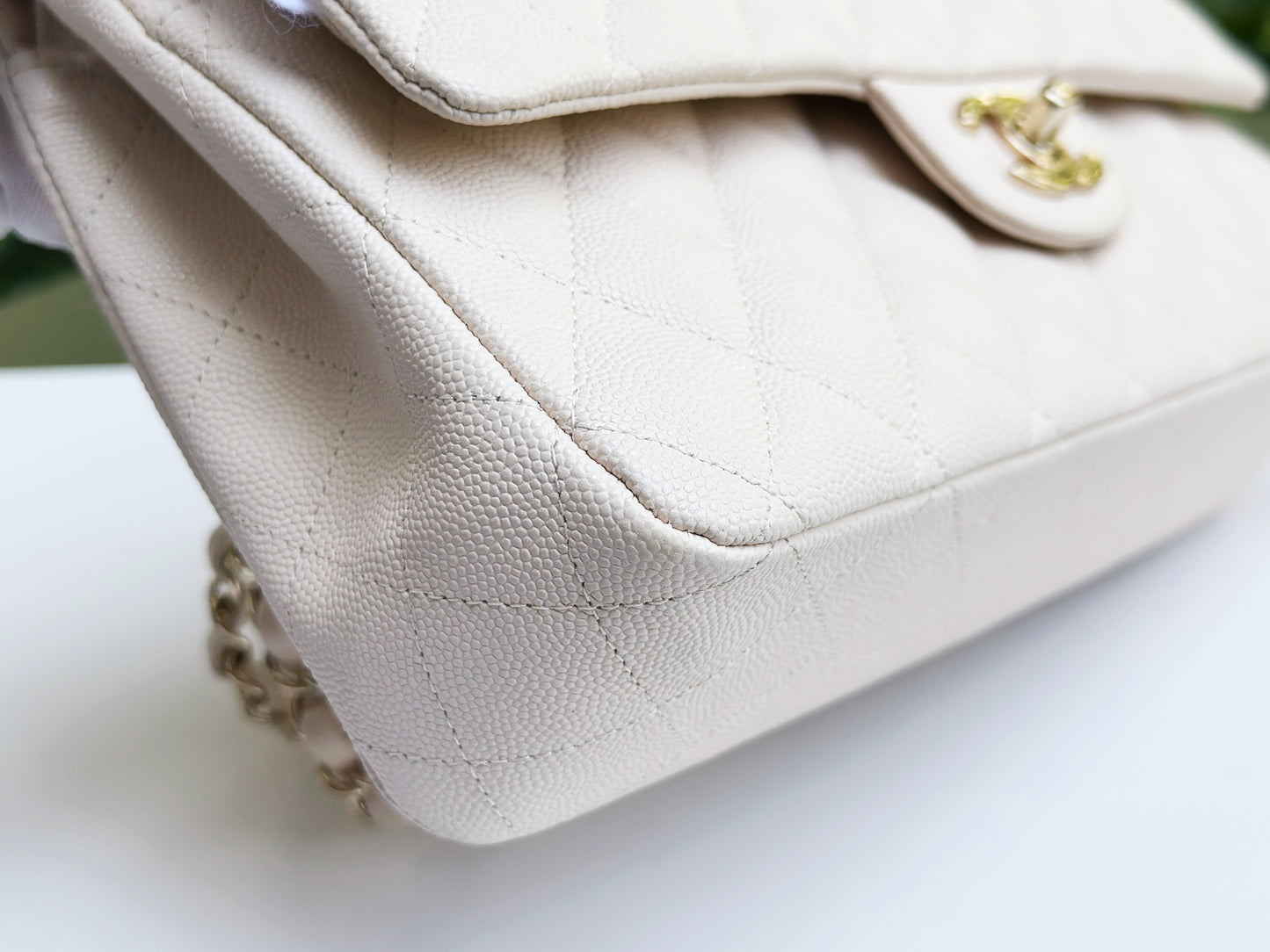 Chanel Medium Caviar Classic Quilted Double Flap Ivory Light Beige Bag LGHW
