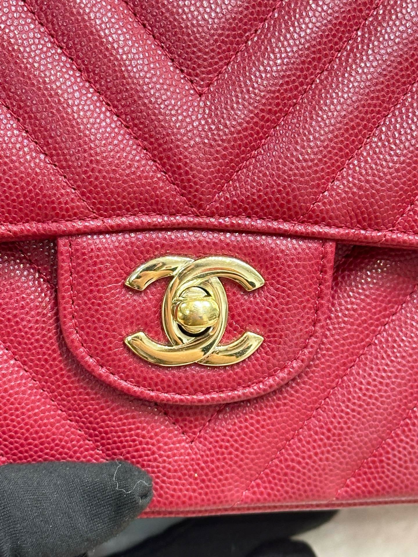 Chanel Medium Chevron Caviar Double Flap Red GHW