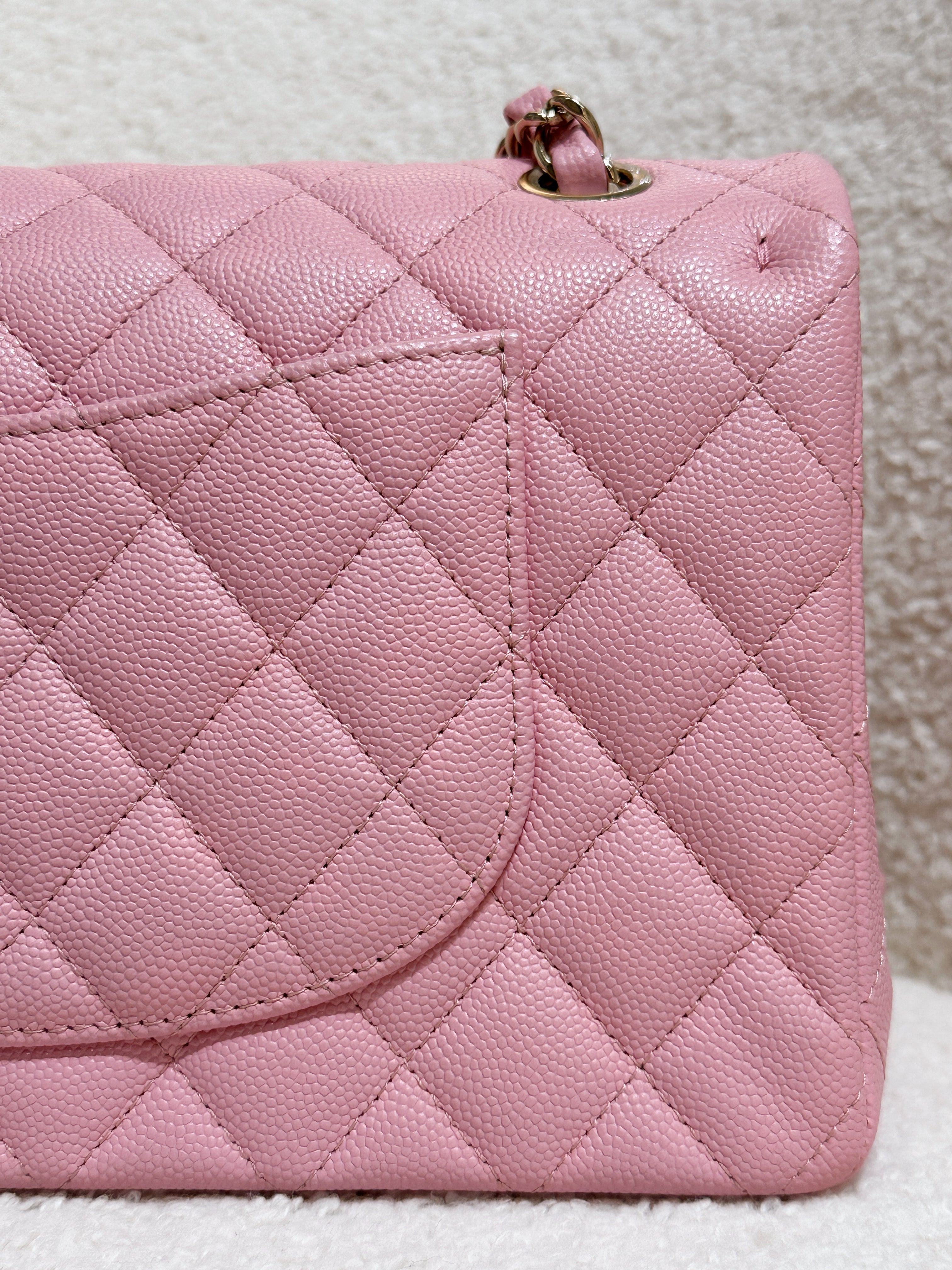 Chanel 22C Classic Quilted Medium Double Flap Bag Sakura Pink AKHX microchip