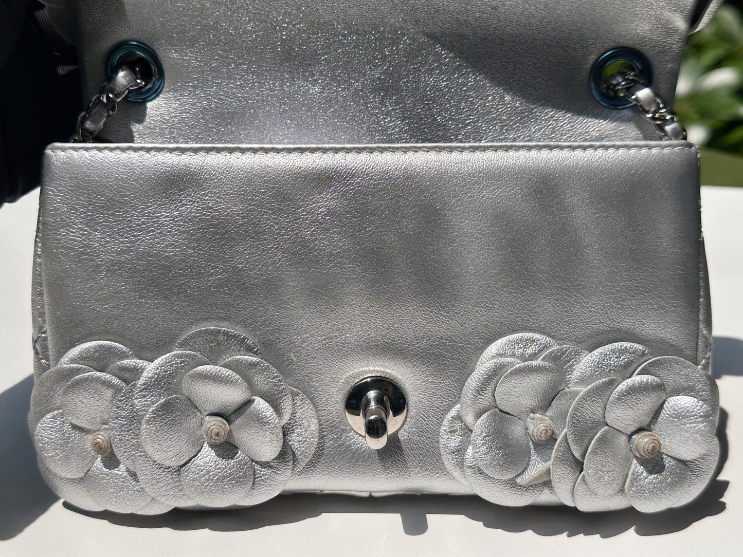 Chanel Mini Camellia Lambskin Shiny Silver SHW 2245 holo