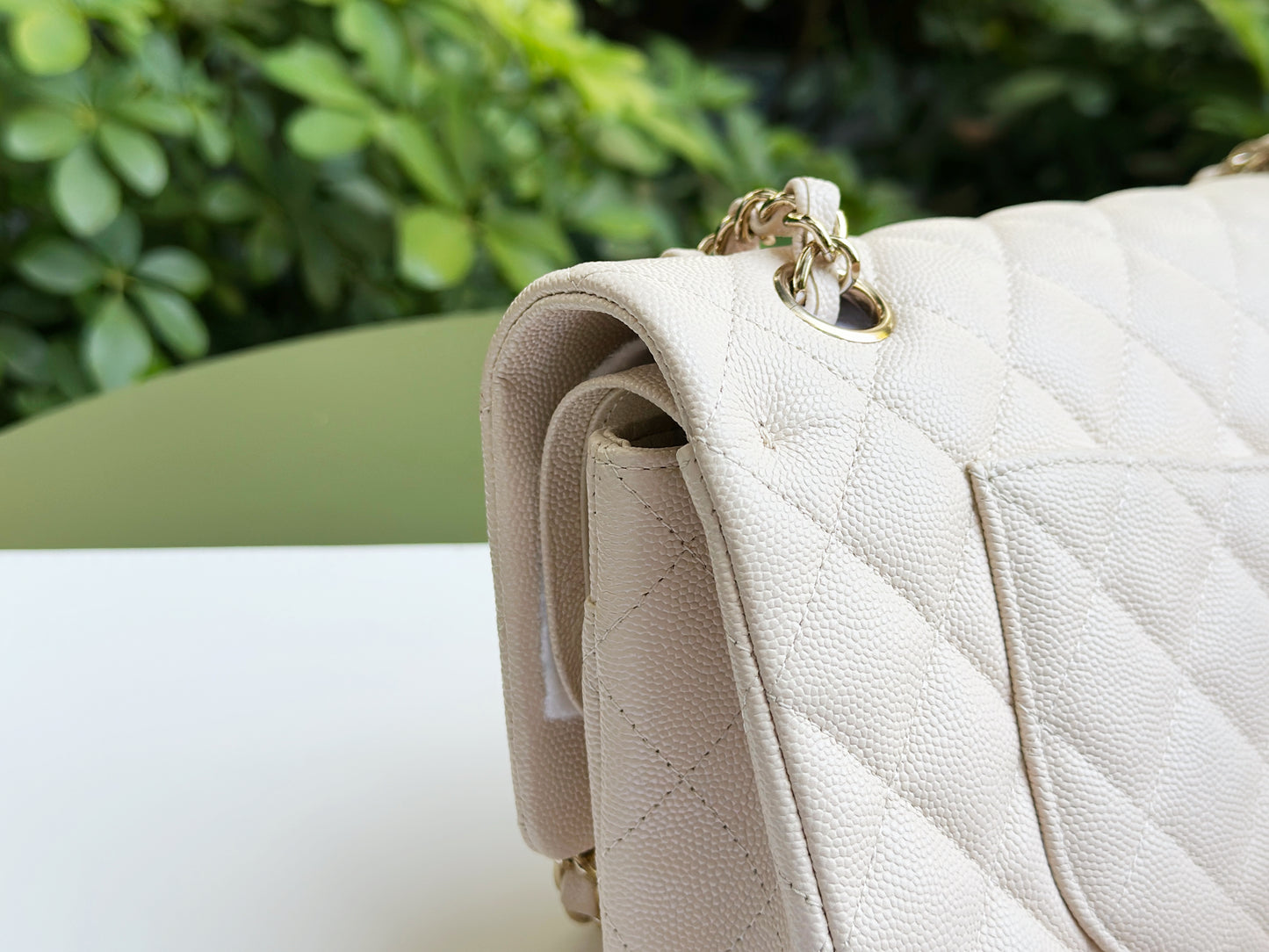 Chanel Medium Caviar Classic Quilted Double Flap Ivory Light Beige Bag LGHW