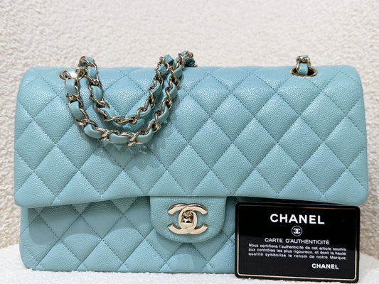 Chanel Classic Flap Medium 20C Tiffany Blue Caviar Light Gold Hardware 294 holo card