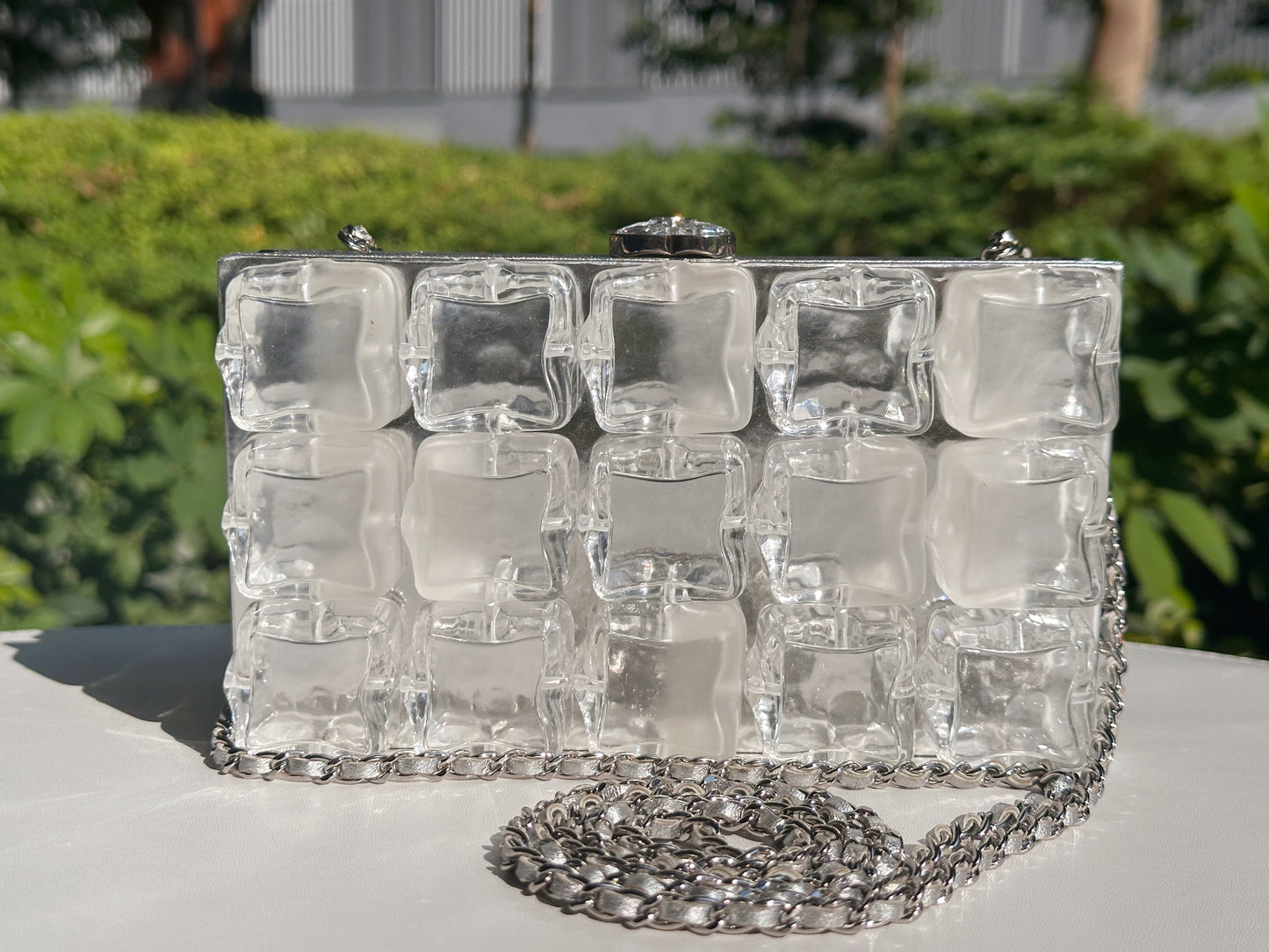 Chanel Silver Metallic Lambskin and Clear Acrylic Ice Cube Bag Silver Hardware 1426 holo card