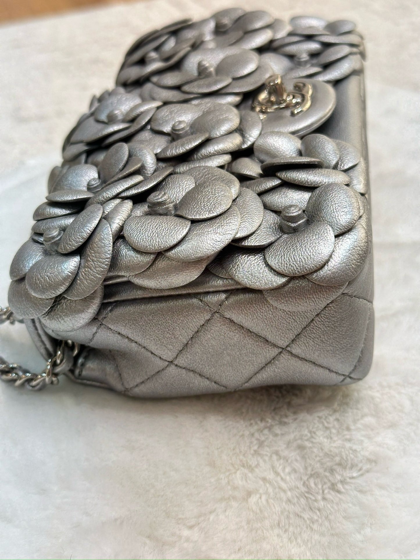 Chanel Mini Camellia Lambskin Shiny Silver SHW