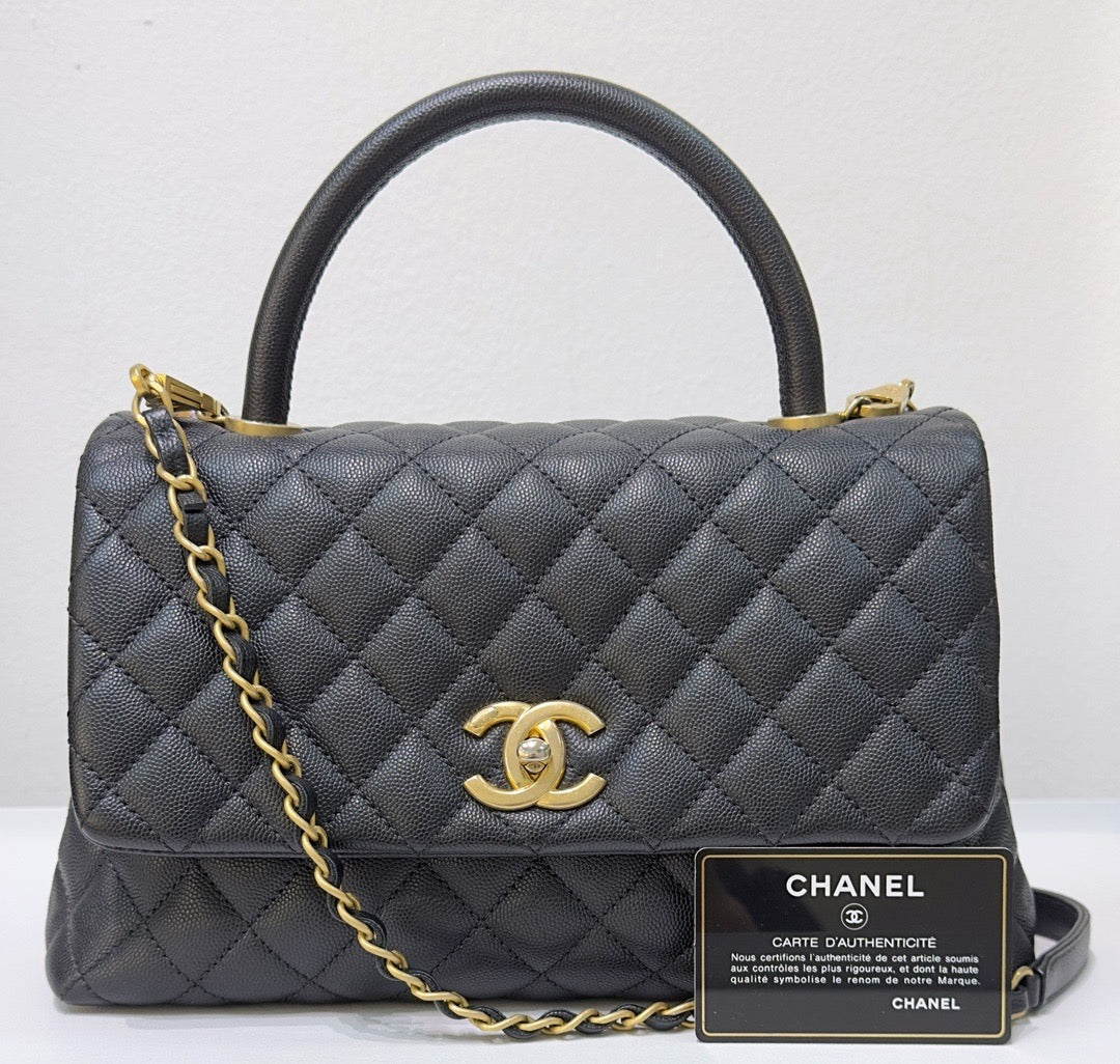 Chanel Medium Caviar Quilted Coco Handle Flap Black GHW 25 holo card