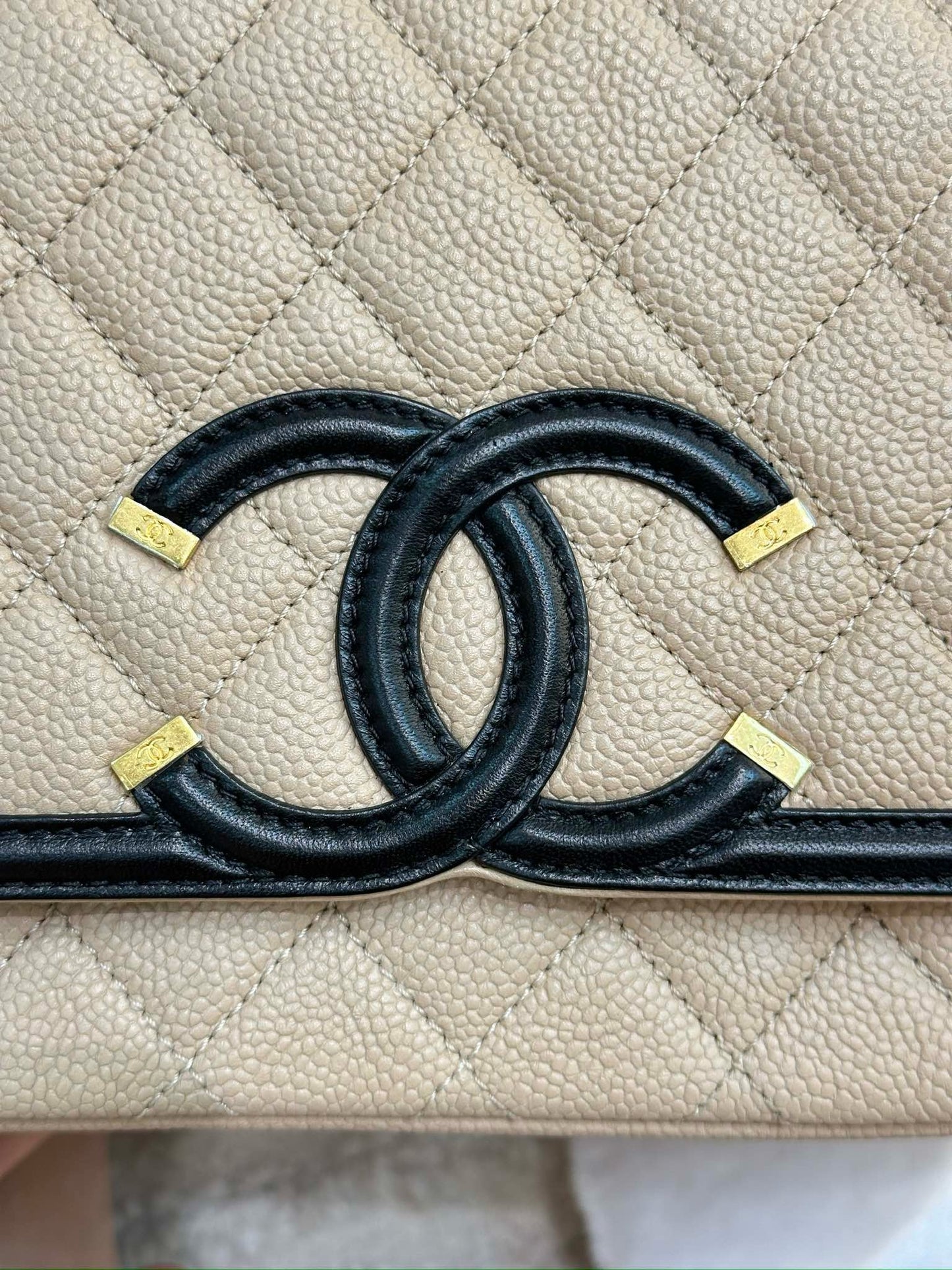 Chanel Medium Caviar Quilted CC Filigree Flap Beige Black