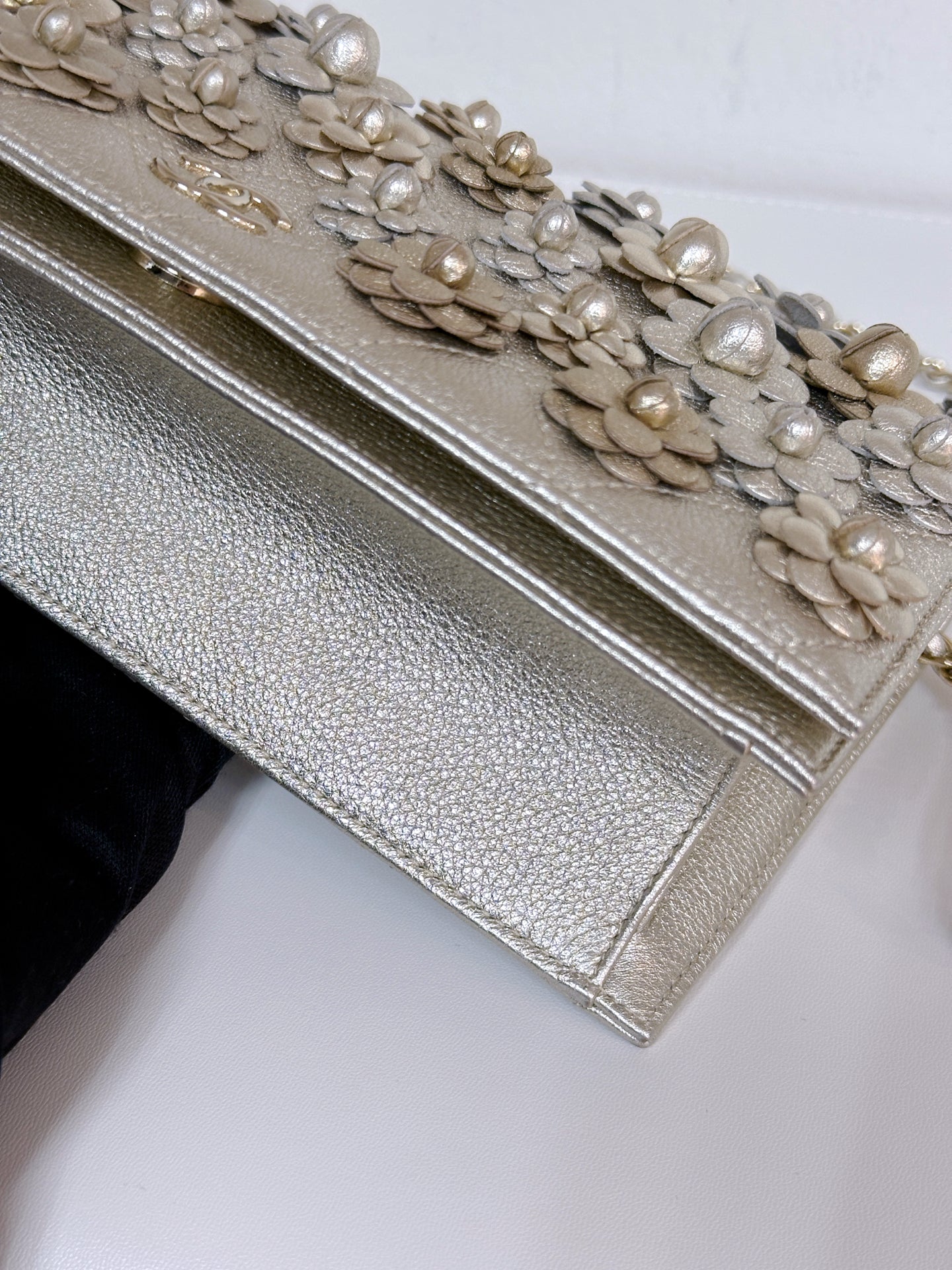 Gold Camellia Embellished Chain Clutch GHW 2728 holo card