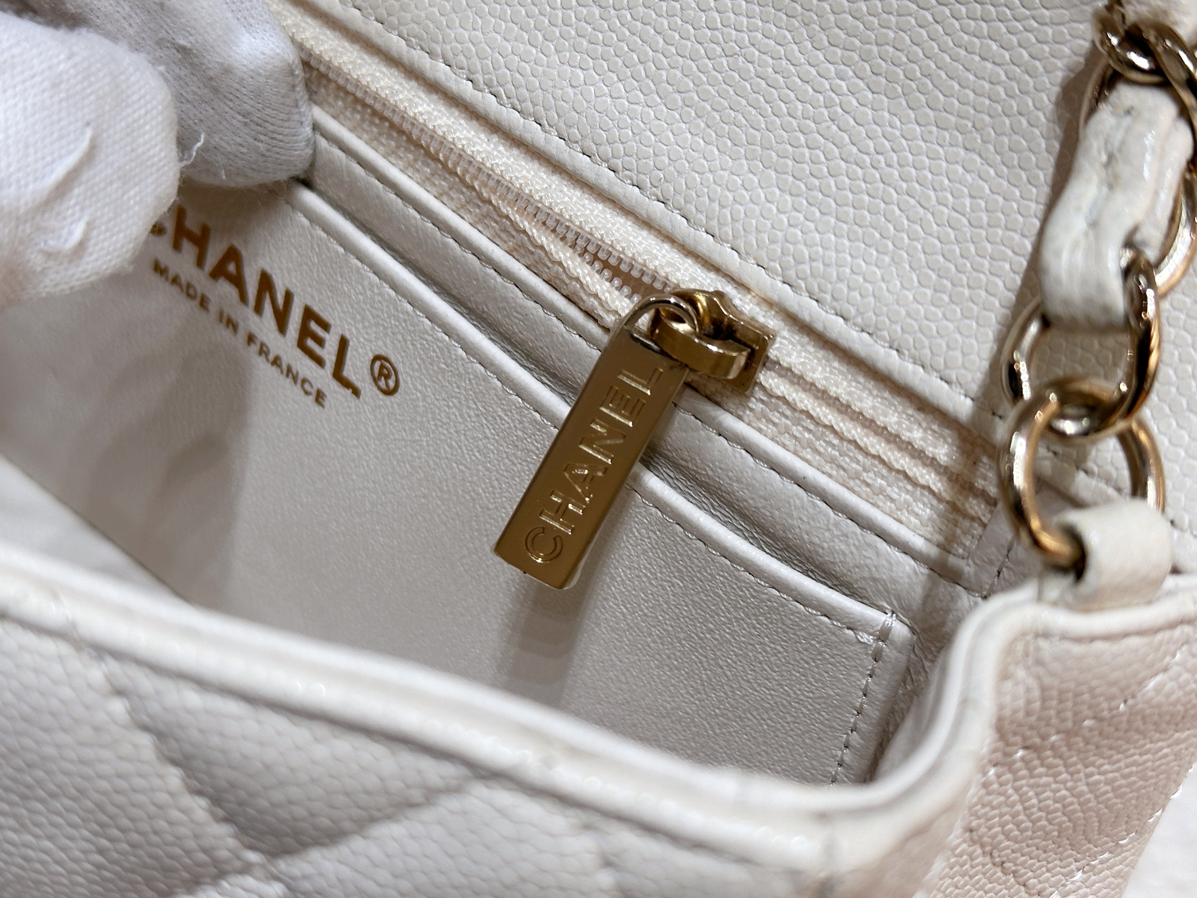 Chanel Mini Rectangular Classic Quilted Caviar Ivory 17C GHW 2383 holo card
