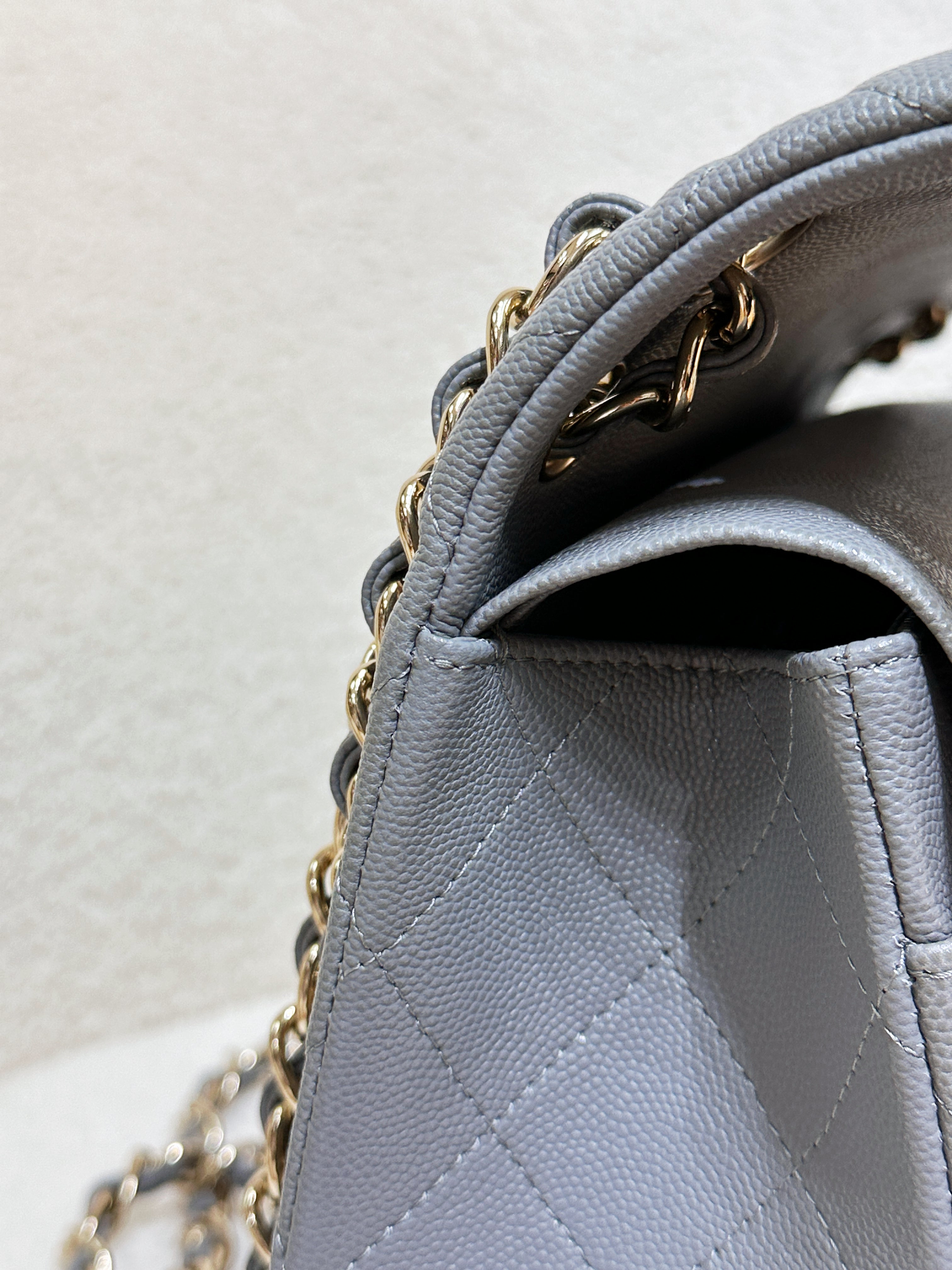 Chanel Jumbo Caviar Classic Quilted Double Flap Bag Light Grey LGHW 2910 holo card