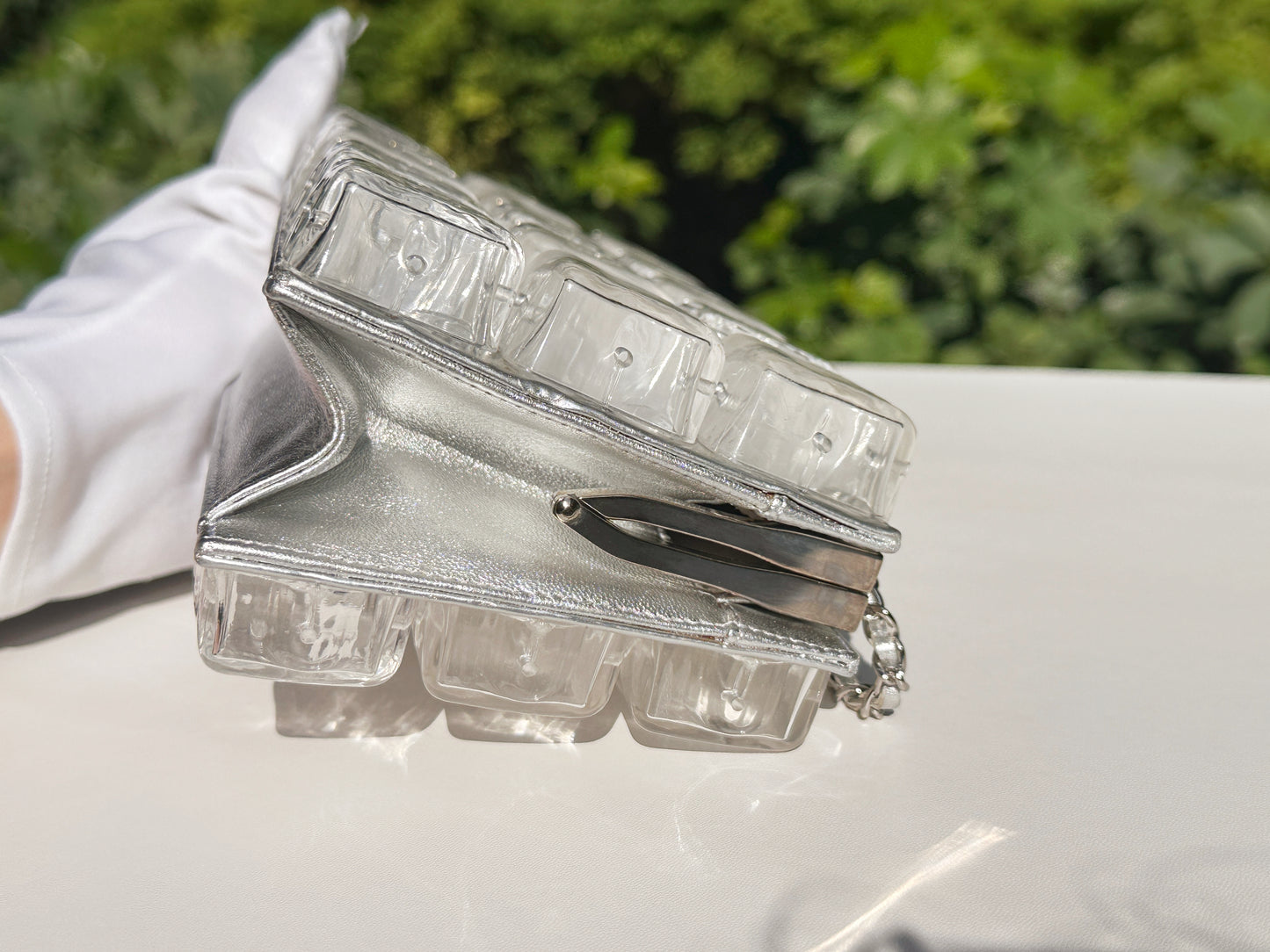 Chanel Silver Metallic Lambskin and Clear Acrylic Ice Cube Bag Silver Hardware 1426 holo card