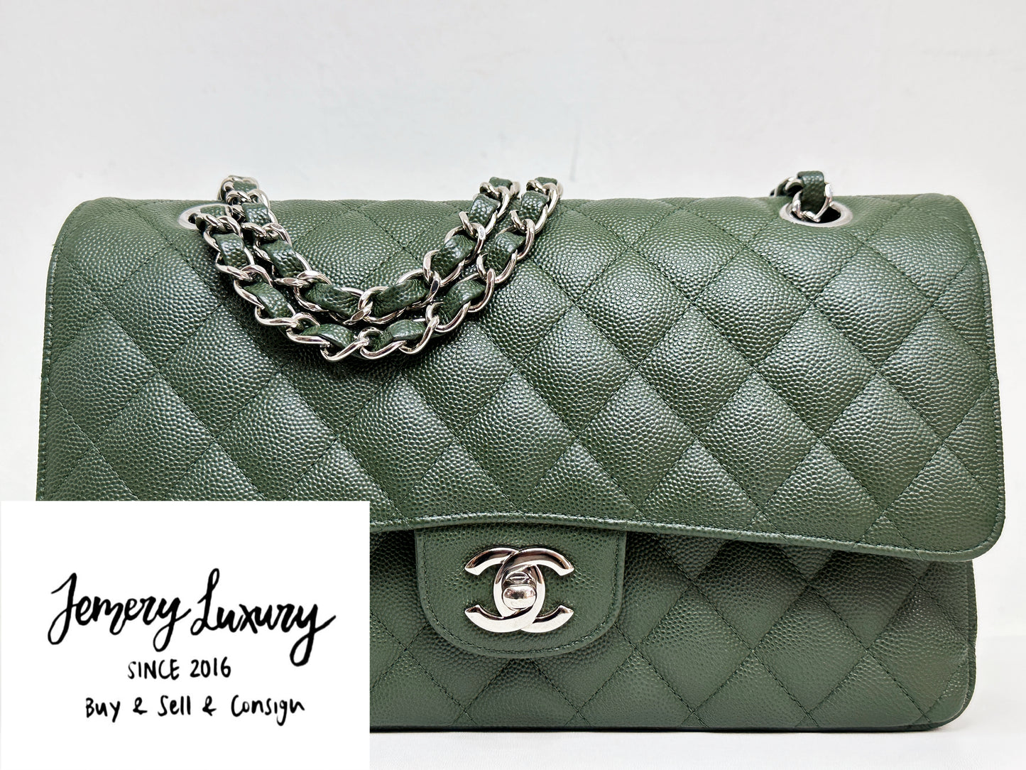 Chanel Medium Classic Quilted Double Flap Bag Green 2517 holo