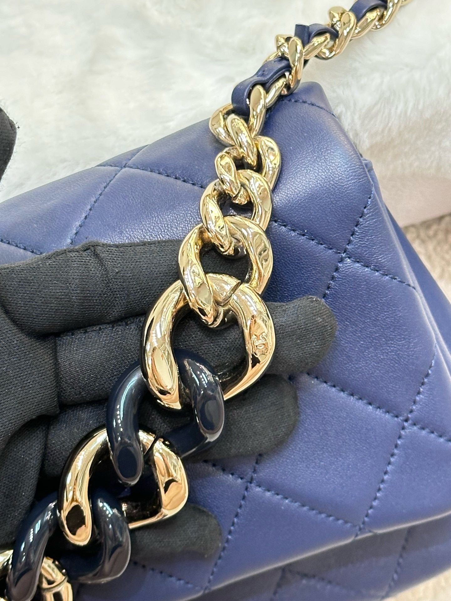 CHANEL Medium Calfskin Quilted Resin Bi-Color Chain Flap Bag Navy