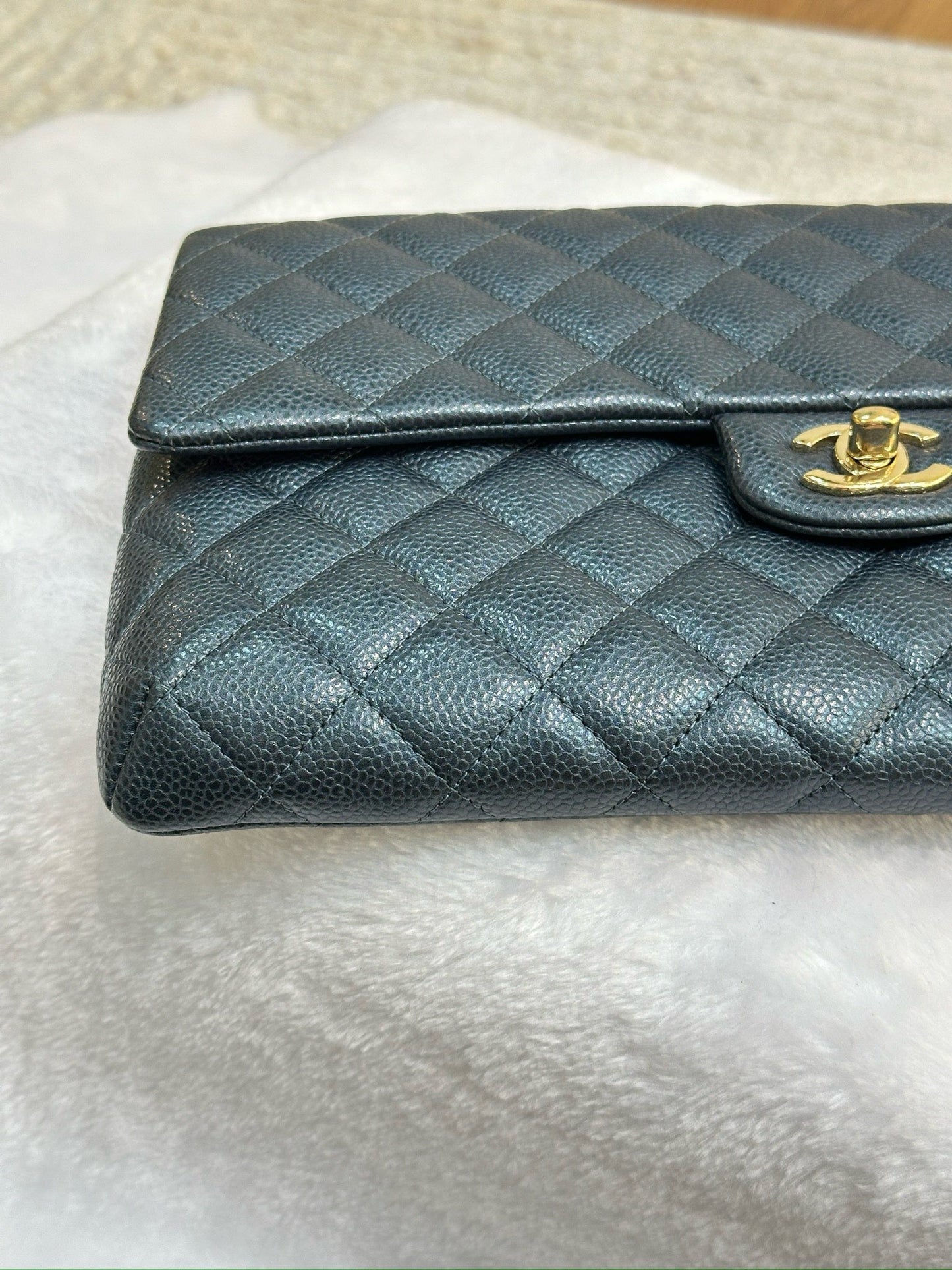 CHANEL Classic Large Clutch Blue Grained Calfskin GHW