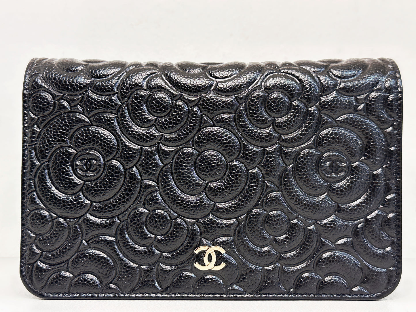 Chanel Black Caviar Camellia Embossed Wallet on Chain WOC Crossbody/ Clutch Bag 2951 holo card
