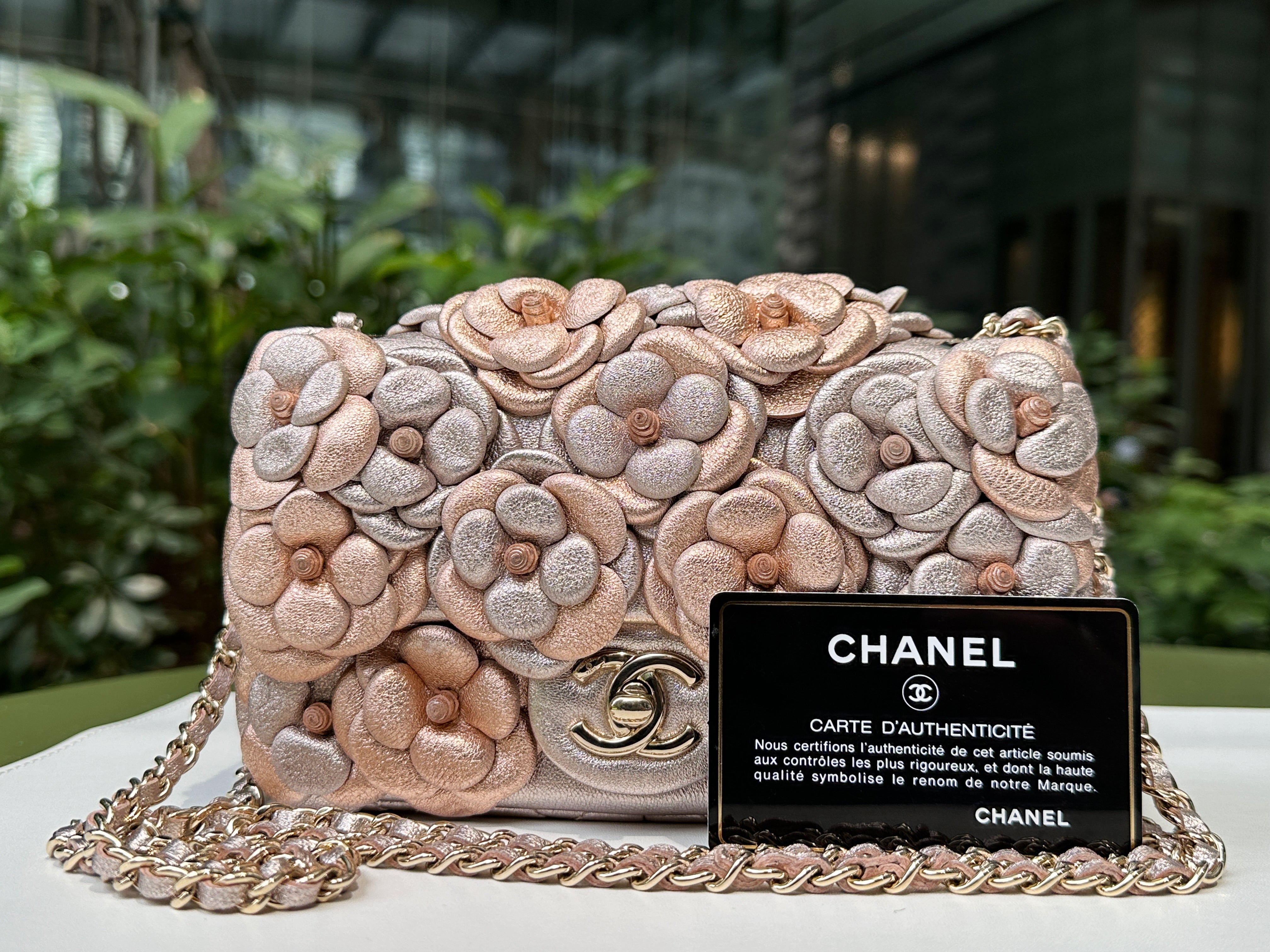 Chanel Camellia Mini Metallic Rose Gold/Pink Lambskin Gold Hardware 2078 holo card