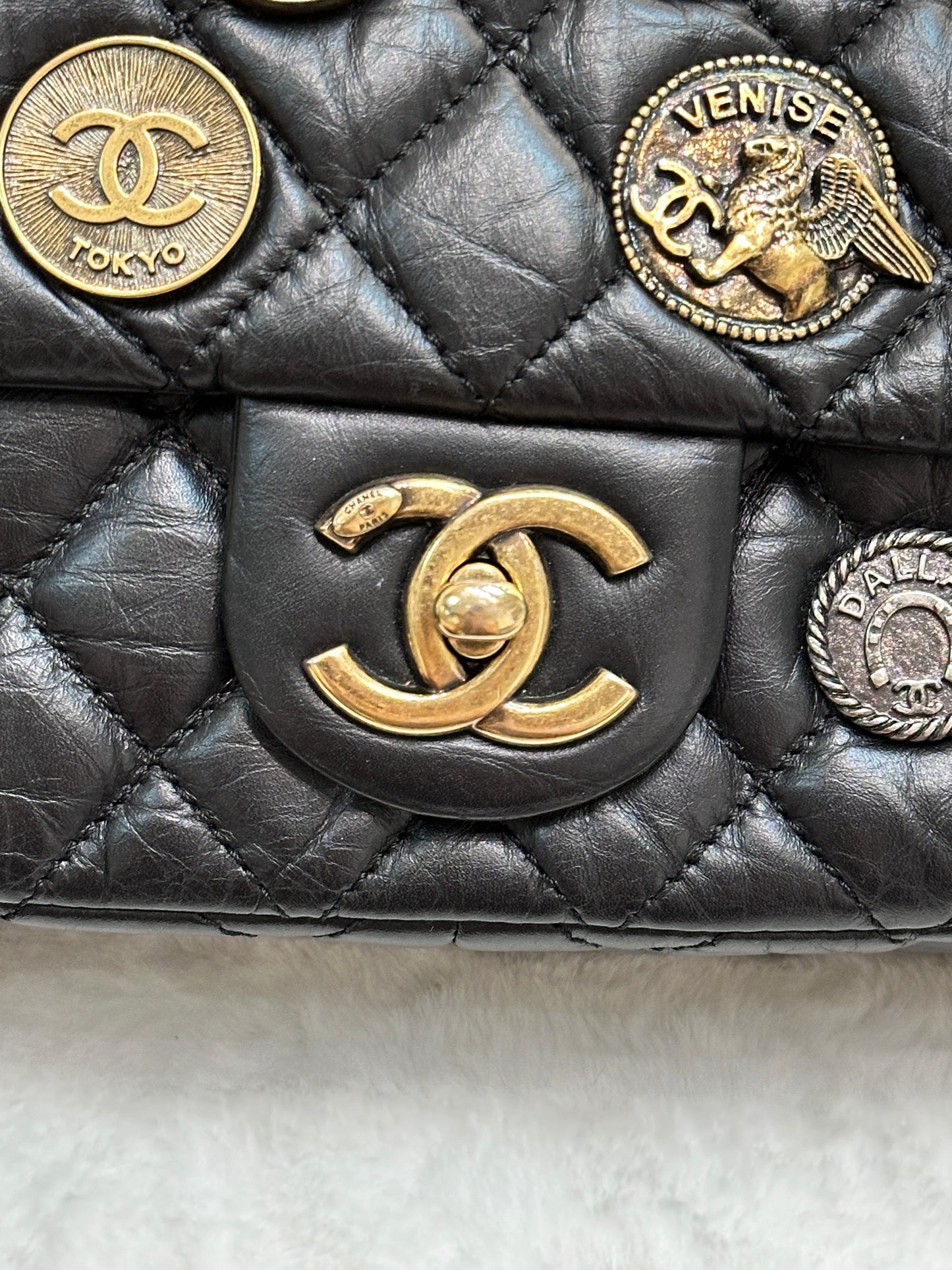 Chanel Mini Limited Edition Aged Calfskin Quilted Medallion Flap Black GHW