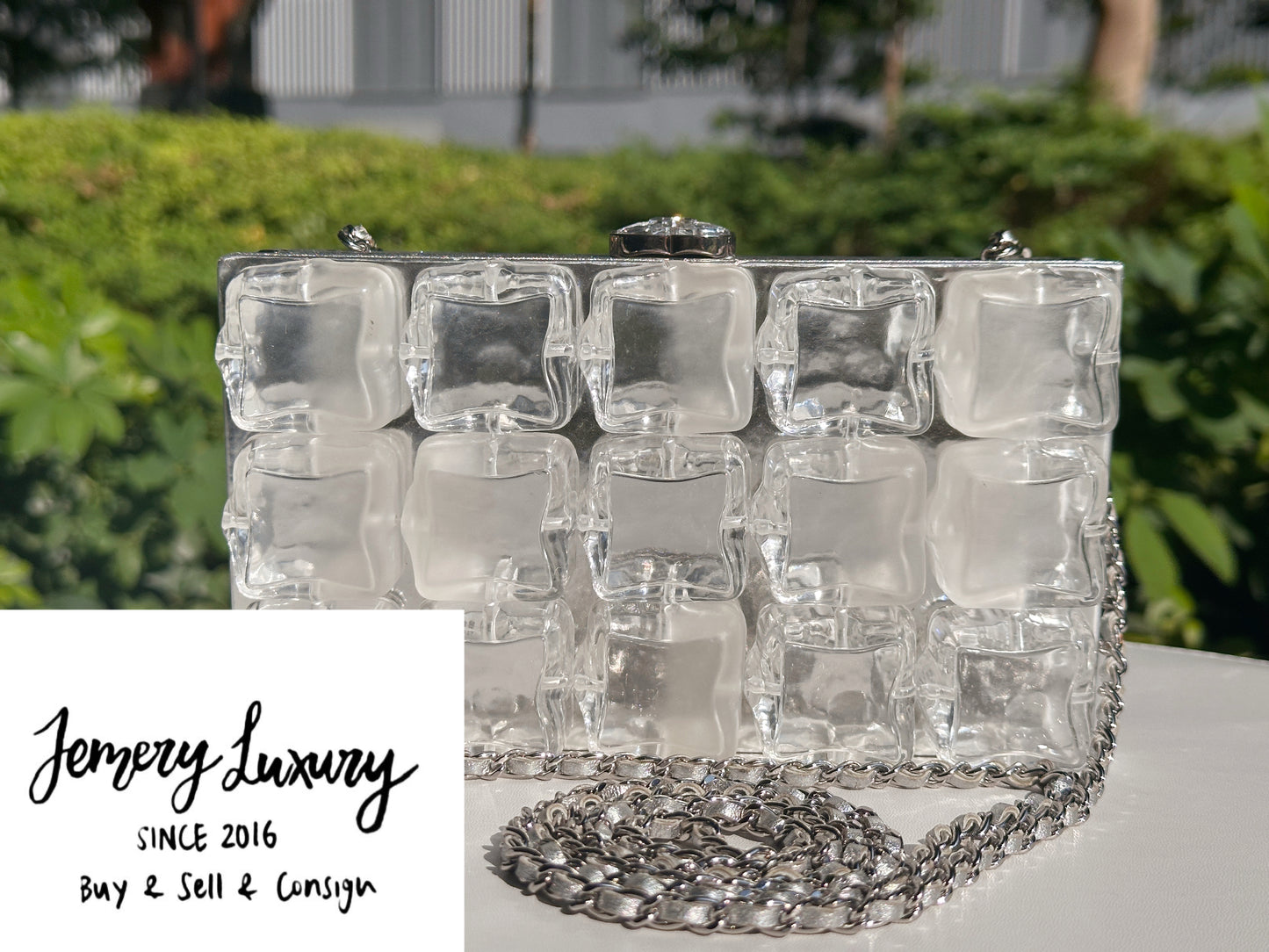 Chanel Silver Metallic Lambskin and Clear Acrylic Ice Cube Bag Silver Hardware 1426 holo card