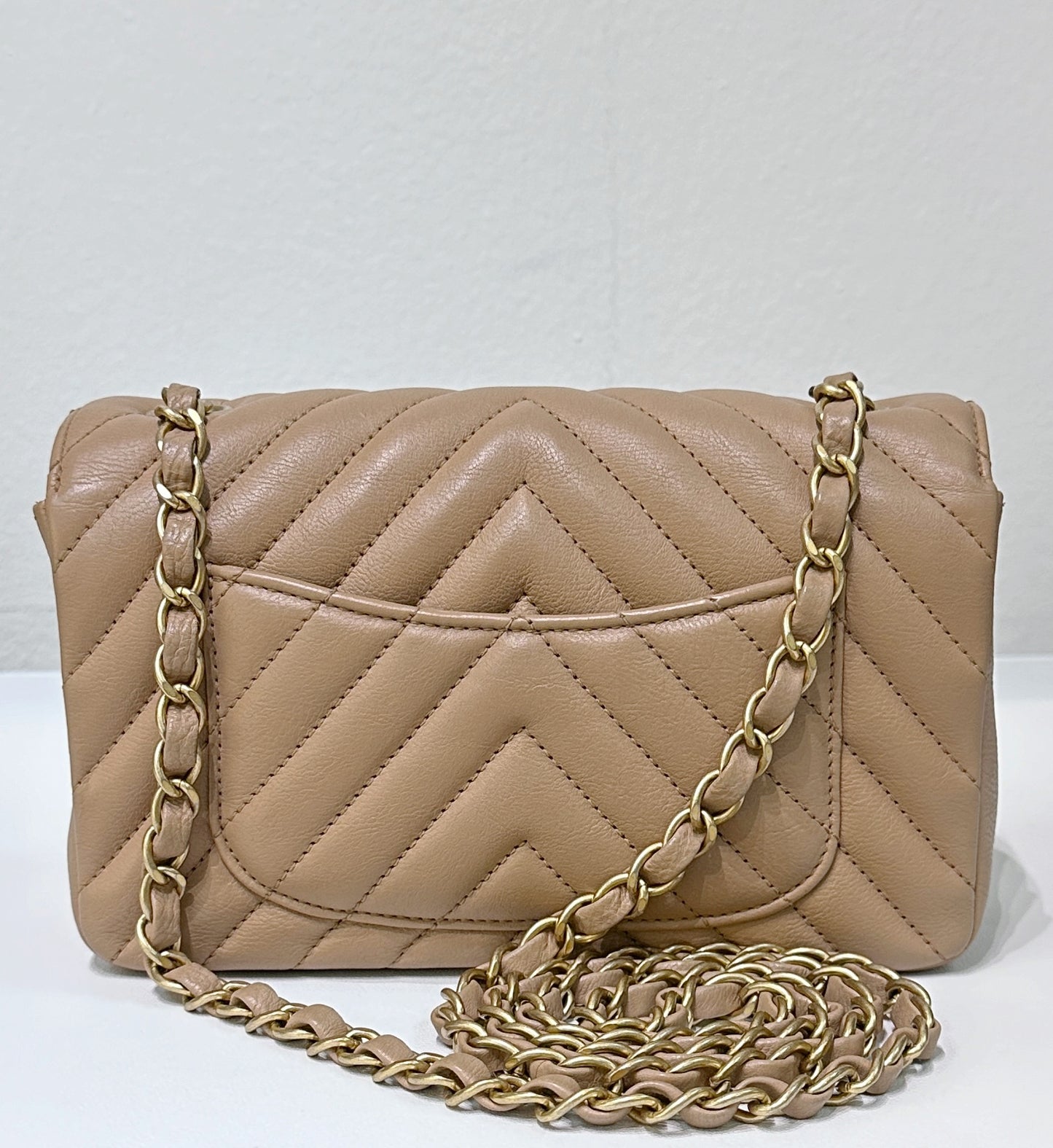 Chanel Mini Rectangular Calfskin Chevron Quilted Flap Dark Beige