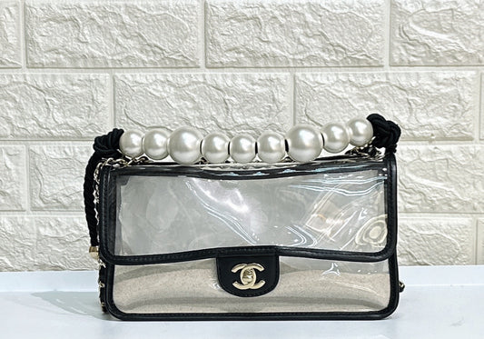 CHANEL Lambskin PVC Sand By The Sea Flap With Pearl Strap Black