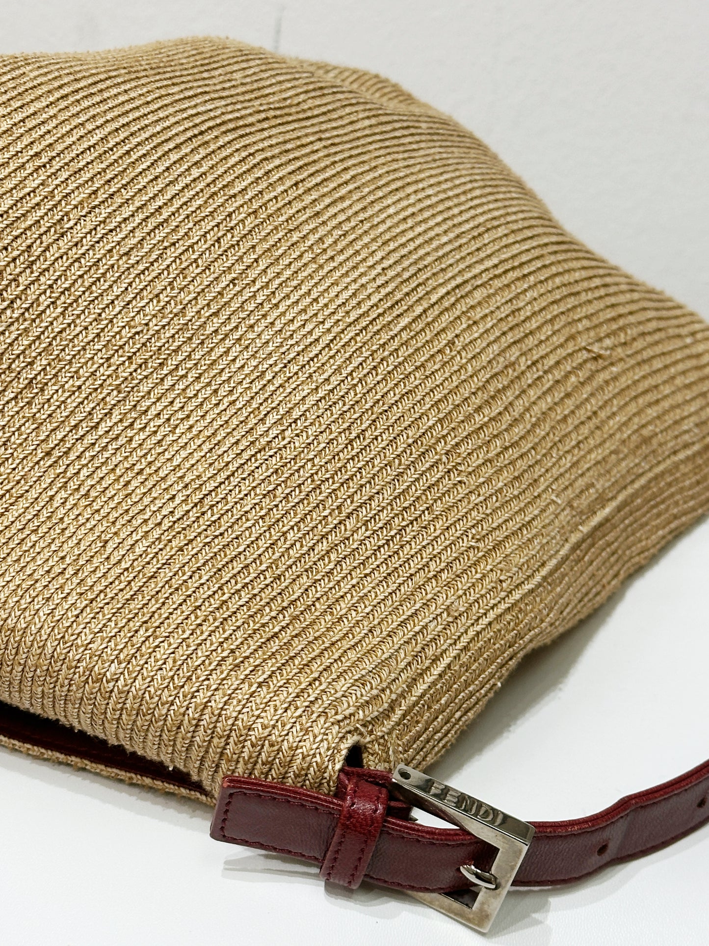 Fendi Mamma Baguette Raffia Straw Shoulder Bag Red Leather Strap