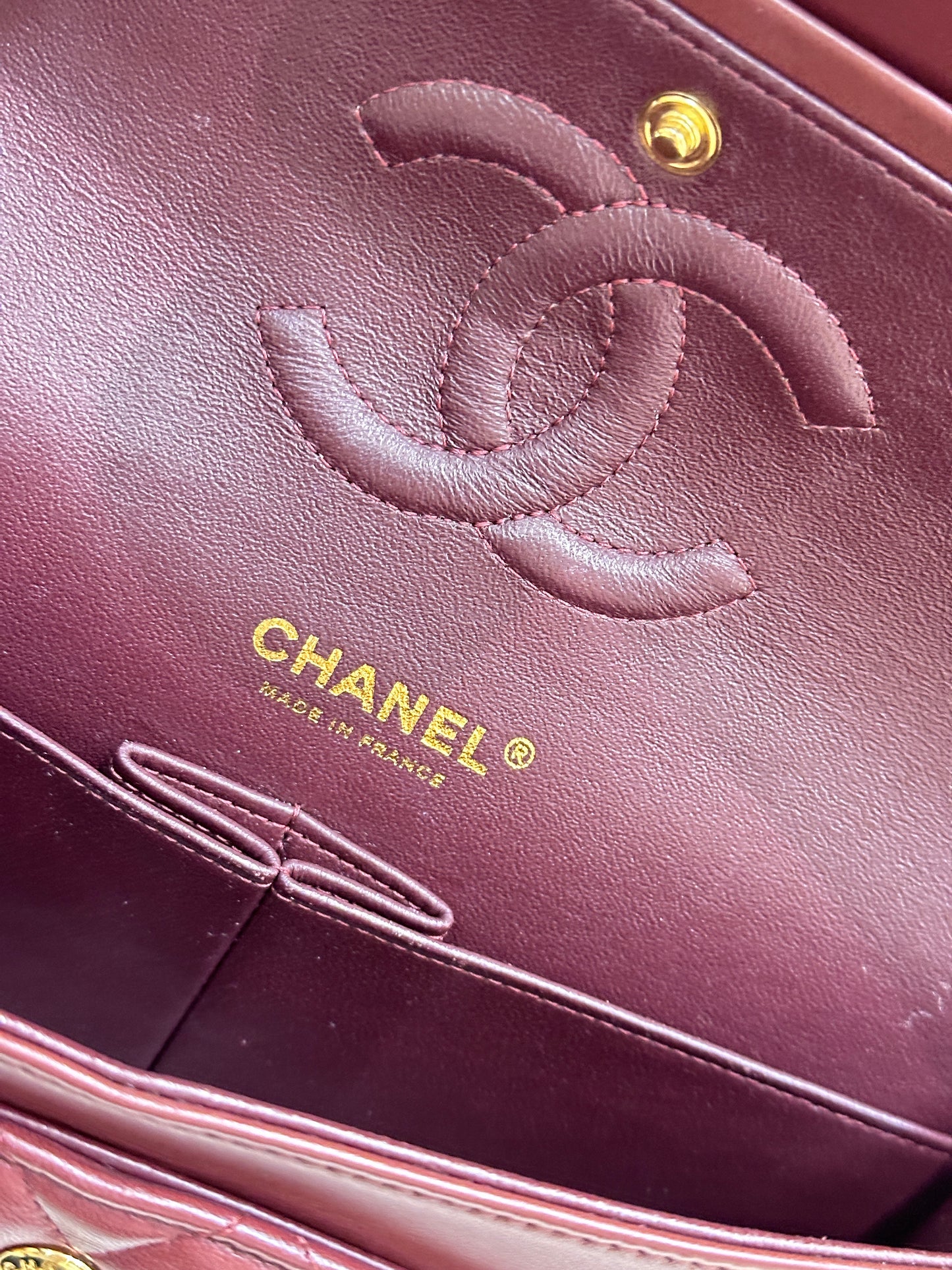 CHANEL Lambskin Quilted Medium Double Flap Burgundy