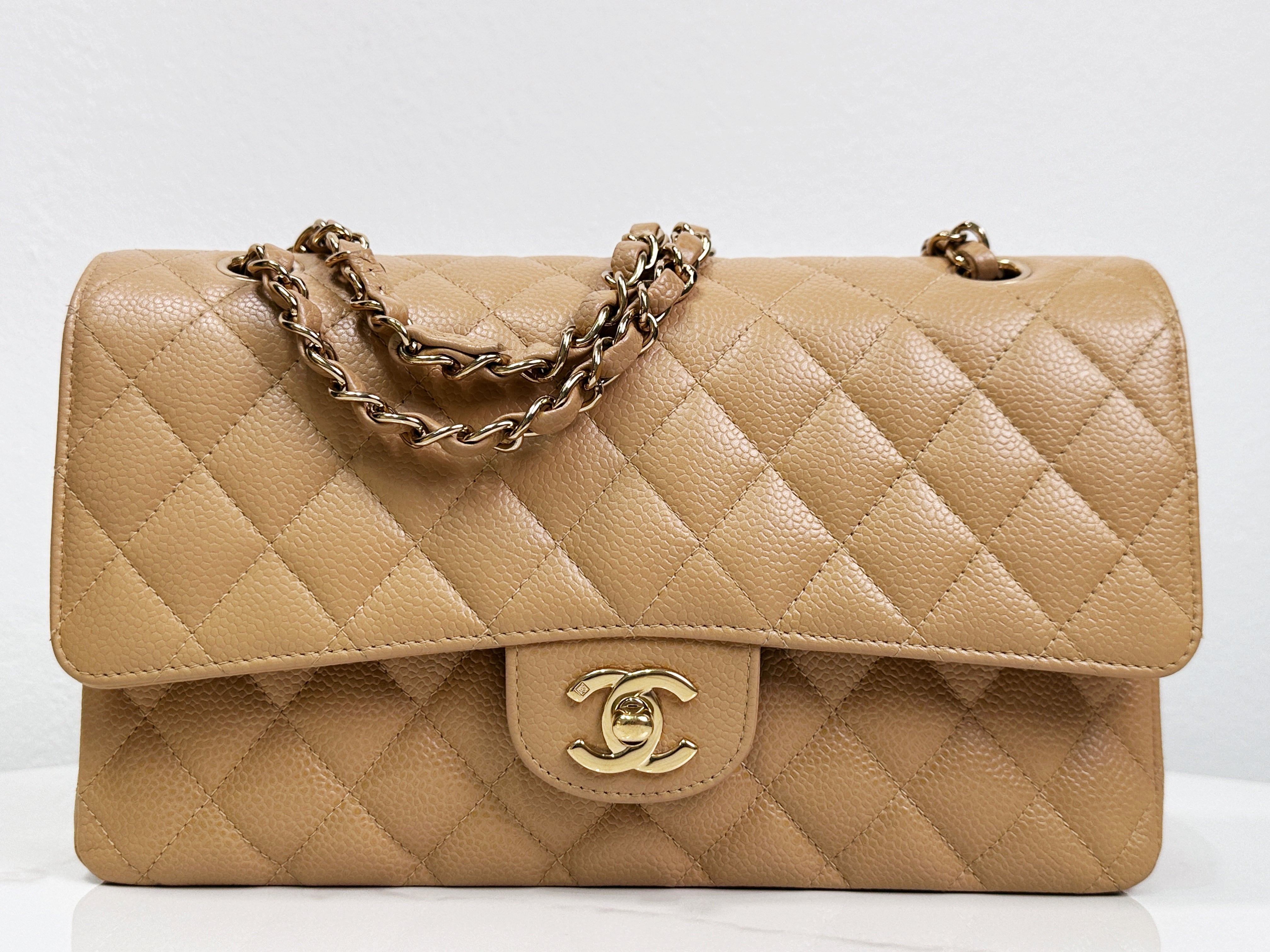 Preloved Authentic Chanel Vintage 24kGold Medium Caviar Quilted Double Flap Beige Bag