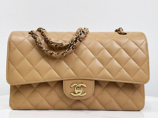 Chanel Medium Caviar Quilted Double Flap Beige Bag 86 holo