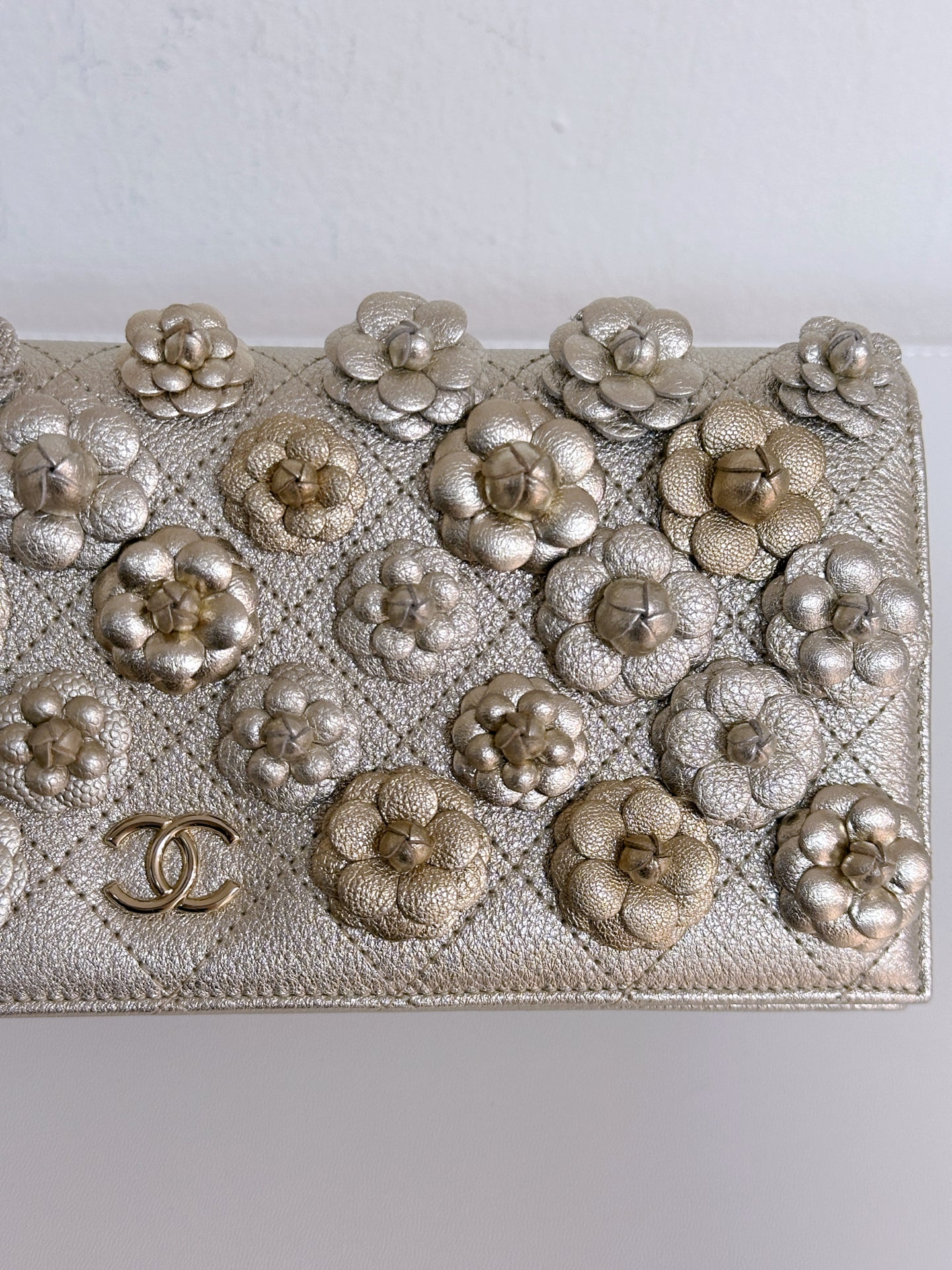 Gold Camellia Embellished Chain Clutch GHW 2728 holo card