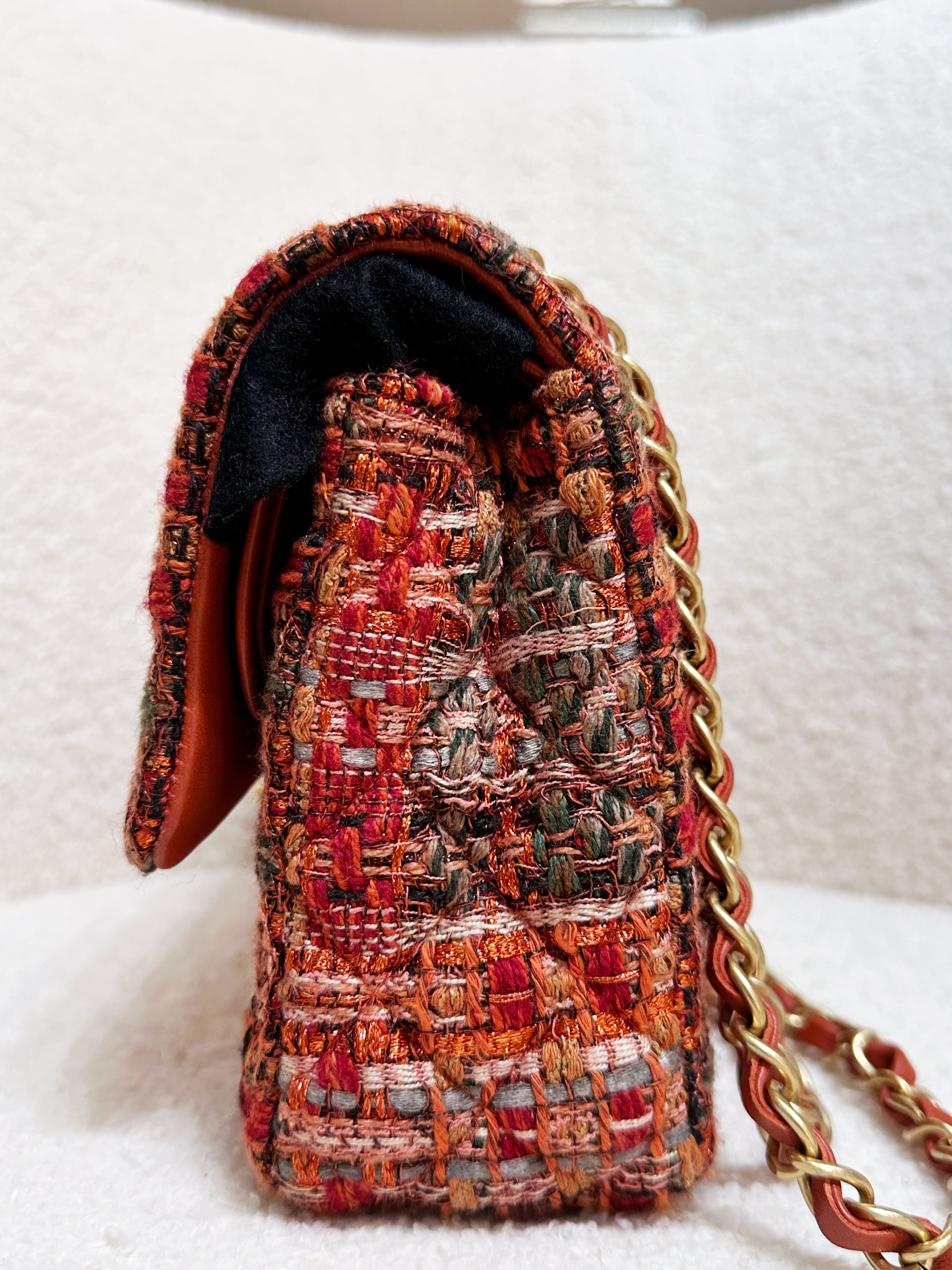 Chanel Tweed Quilted Medium Double Flap Bag Orange Multicolor K9J2 microchip