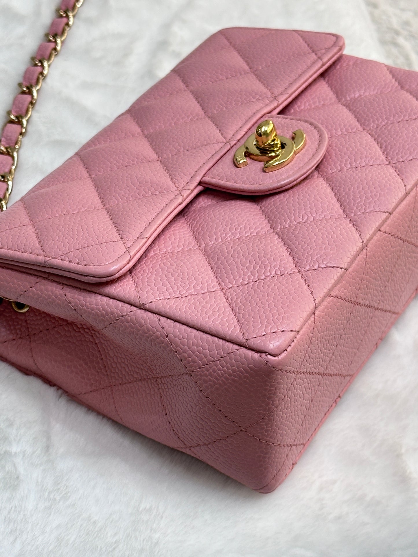 Chanel Mini Square Classic Caviar Flap Pink. Body lightly touched