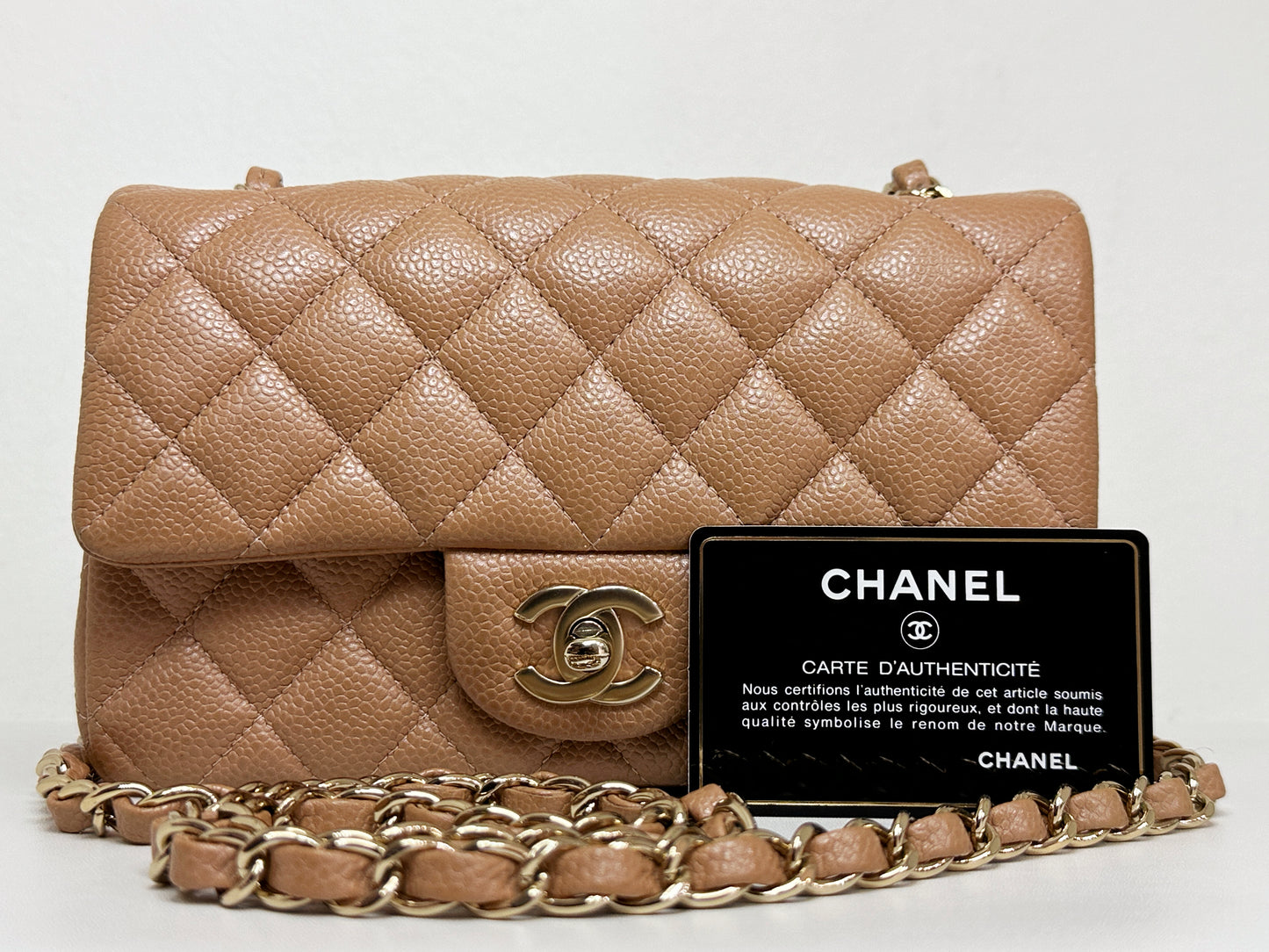 Chanel Classic Mini Rectangular Caviar Dark Beige Bag GHW 259 holo card (corner slightly touch)