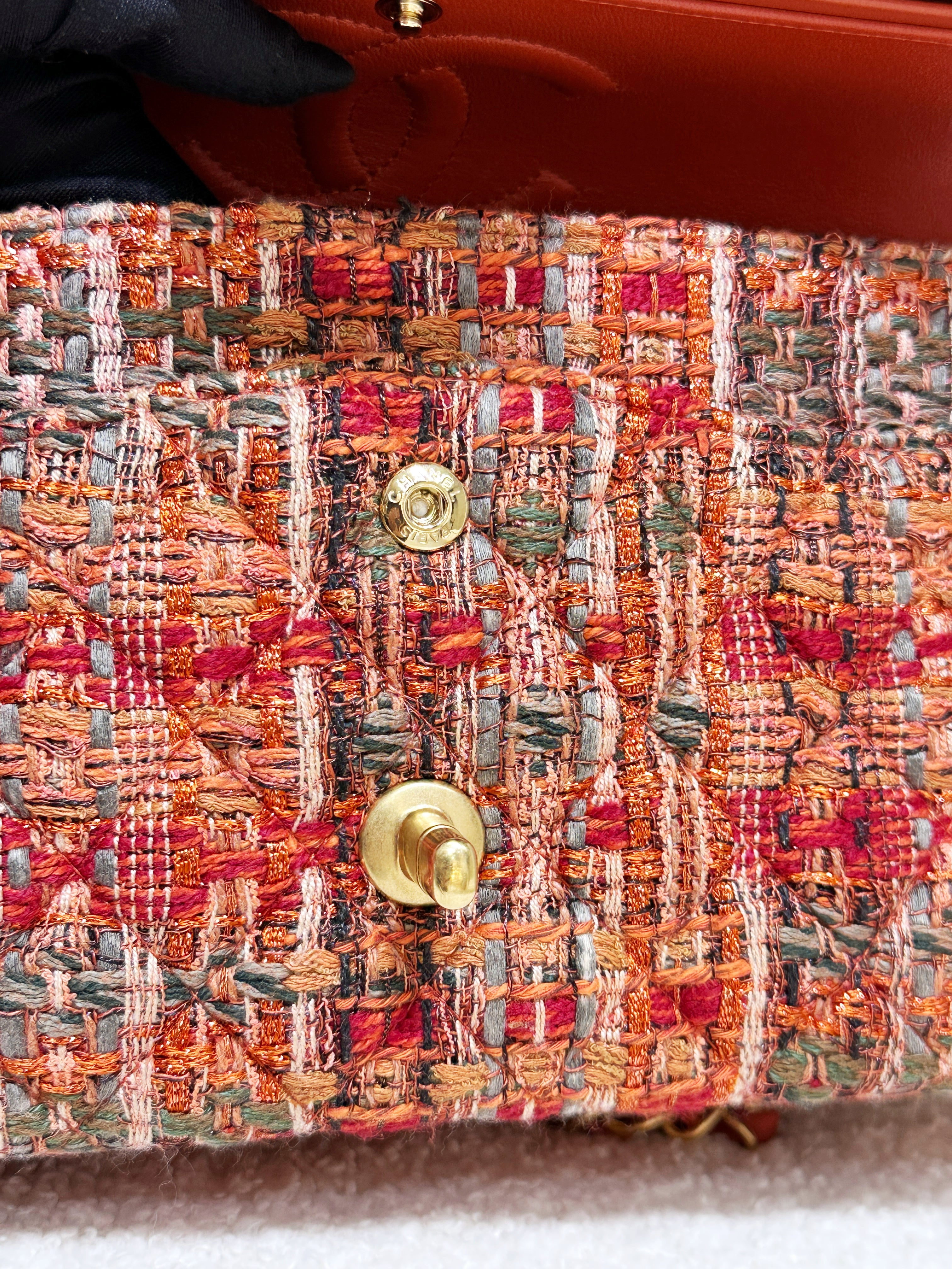 Chanel Tweed Quilted Medium Double Flap Bag Orange Multicolor K9J2 microchip