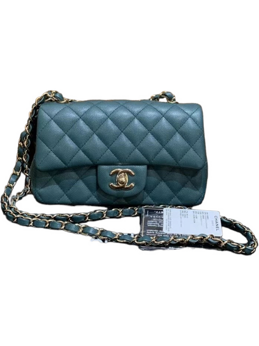 Chanel Mini Rectangle, 17B Dark Turquoise Green Caviar Leather with Shiny Gold Hardware