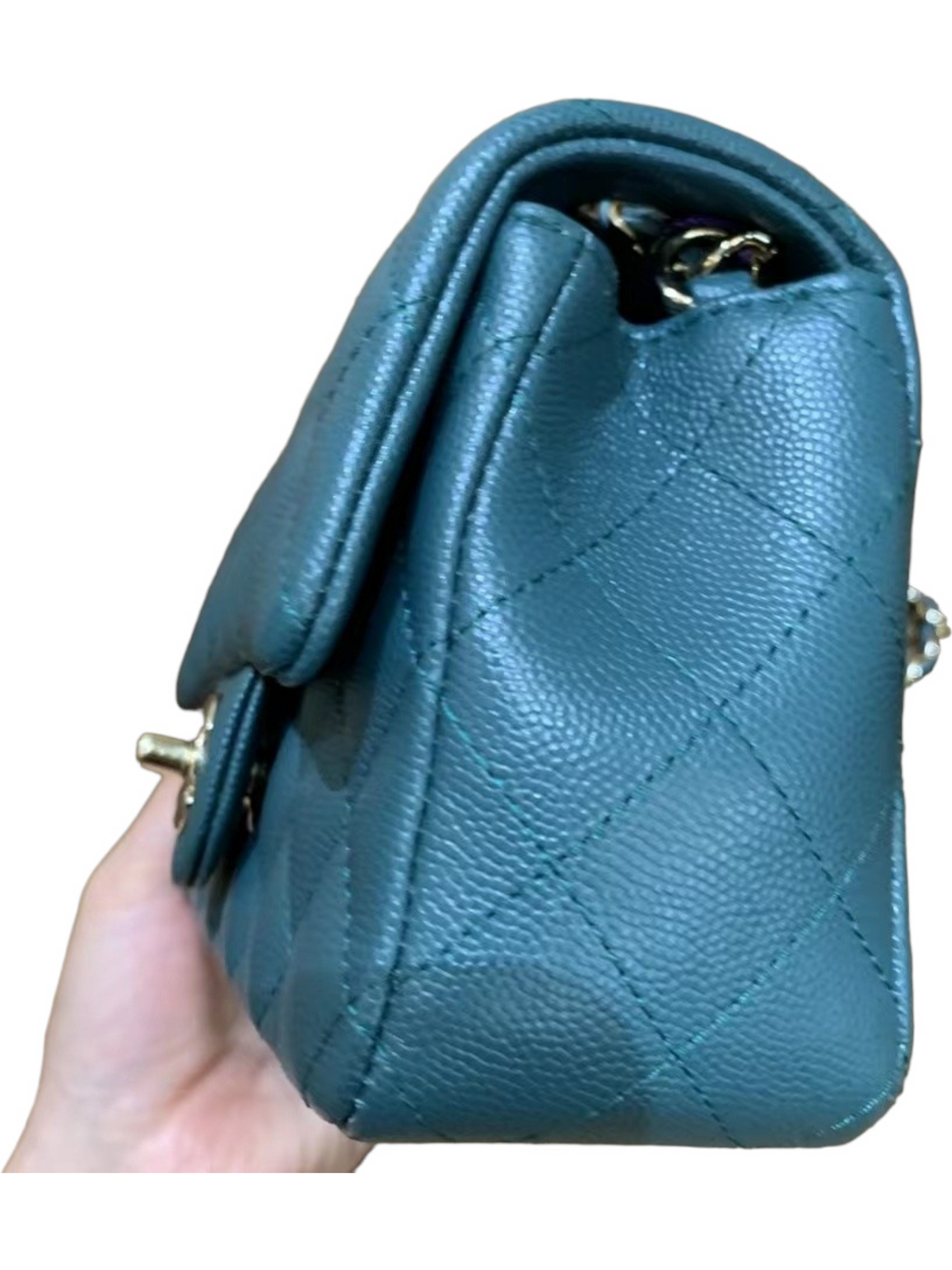 Chanel Mini Rectangle, 17B Dark Turquoise Green Caviar Leather with Shiny Gold Hardware
