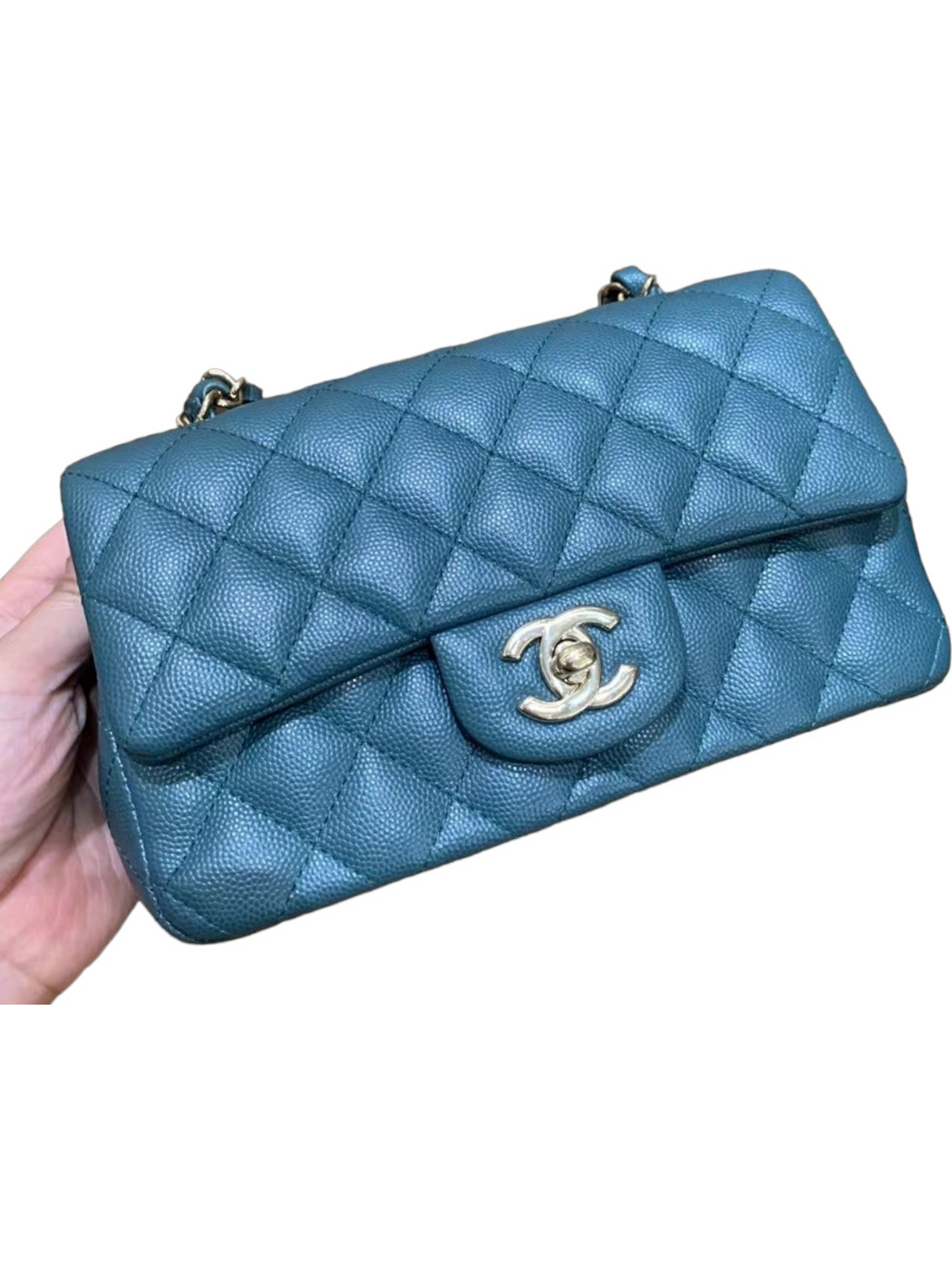 Chanel Mini Rectangle, 17B Dark Turquoise Green Caviar Leather with Shiny Gold Hardware