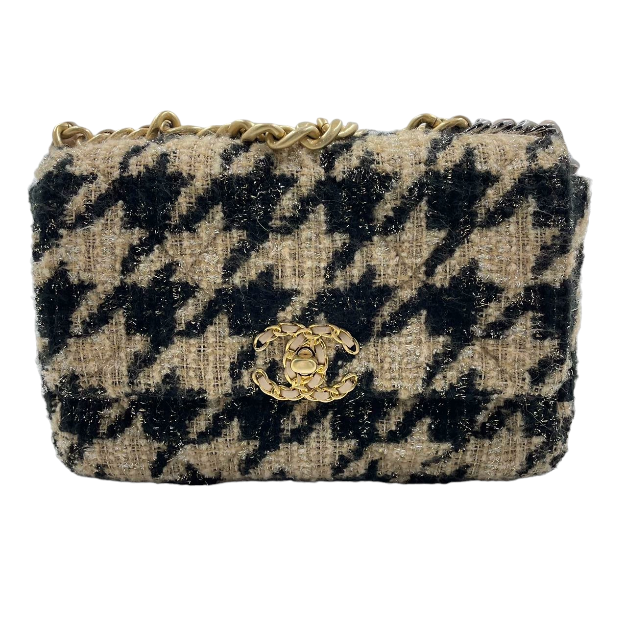 Chanel 19bag Houndstooth Tweed Flap  Beige Black