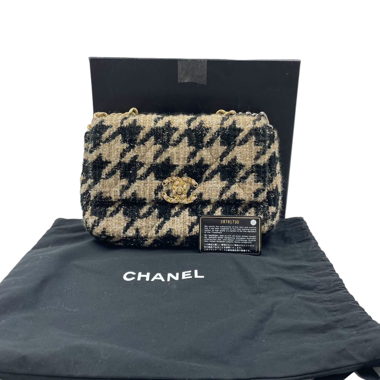 Chanel 19bag Houndstooth Tweed Flap  Beige Black