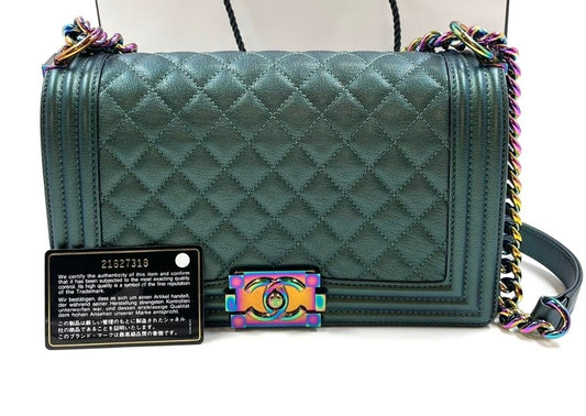 CHANEL Iridescent Goatskin Quilted Medium Boy Flap Green
