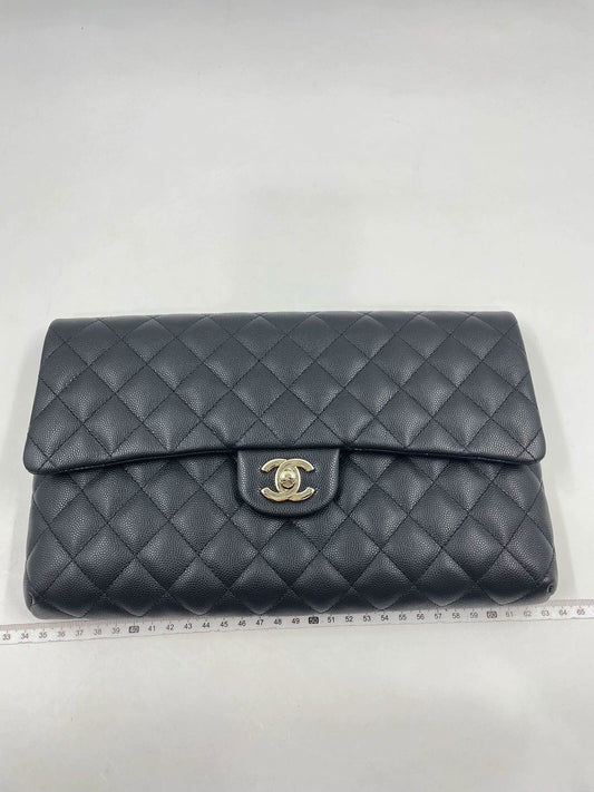 Chanel Black Quilted Caviar Classic Clutch Gold Hardwere 2019