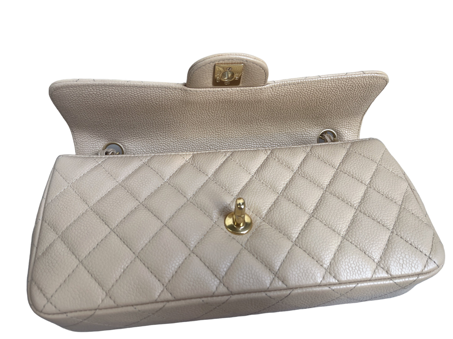 Chanel East West Flap Bag Beige Caviar