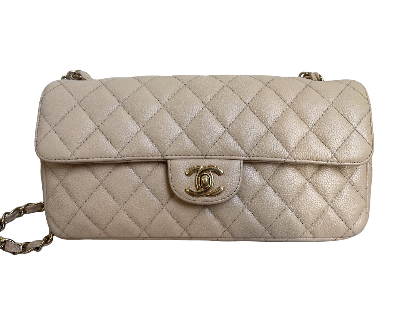 Chanel East West Flap Bag Beige Caviar