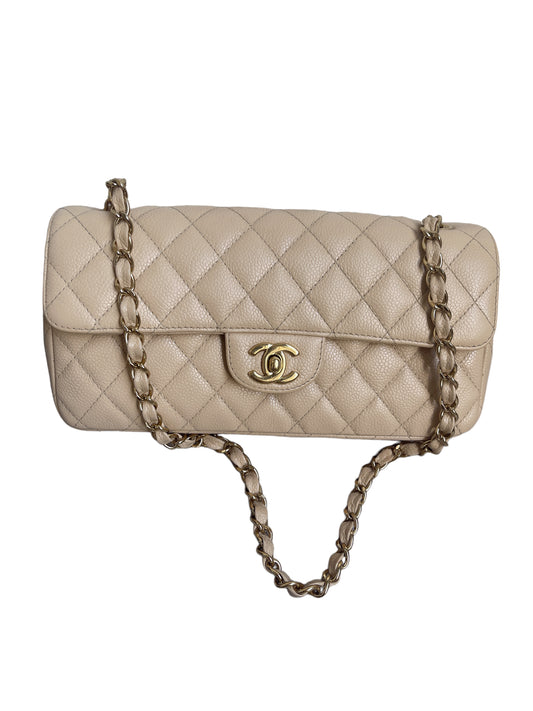 Chanel East West Flap Bag Beige Caviar