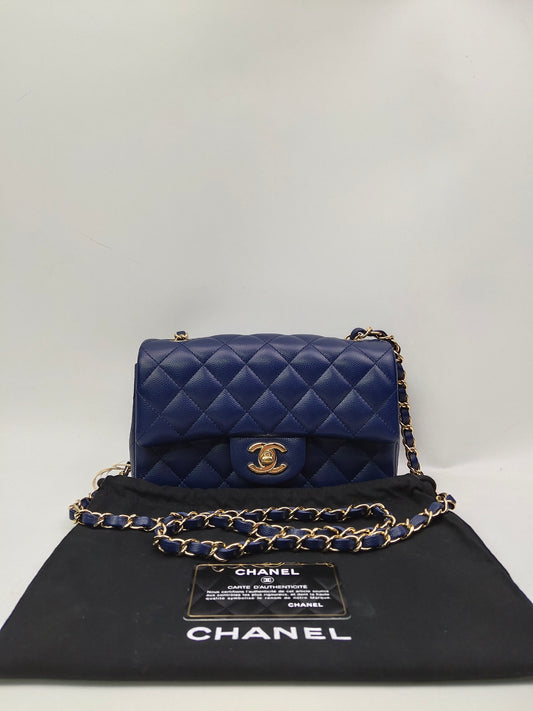 Chanel Quilted Mini Rectangular Flap Blue Caviar Gold Hardware 17B