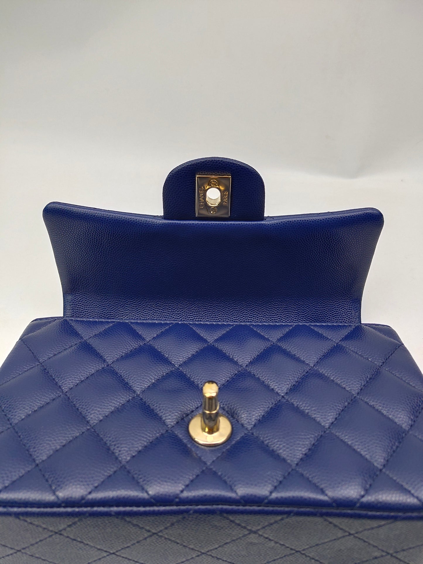 Chanel Quilted Mini Rectangular Flap Blue Caviar Gold Hardware 17B