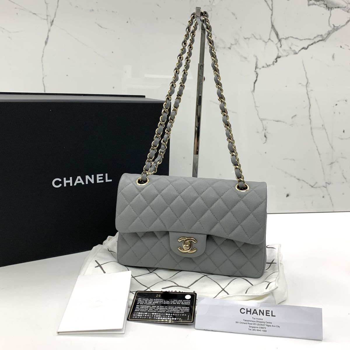 Chanel Classic Small S/M Quilted Flap Grey Caviar Gold Hardware 20C