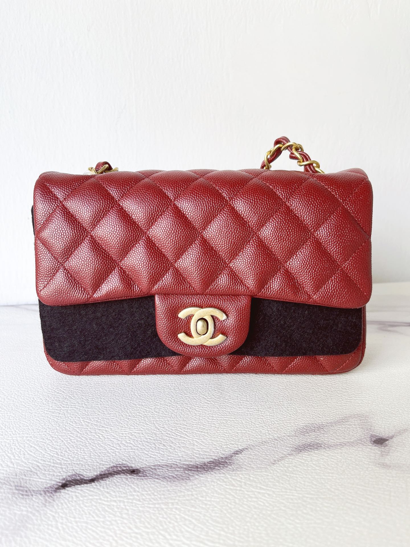 Chanel Classic Mini Rectangular 18C Iridescent Burgundy Quilted Caviar with brushed gold hardware