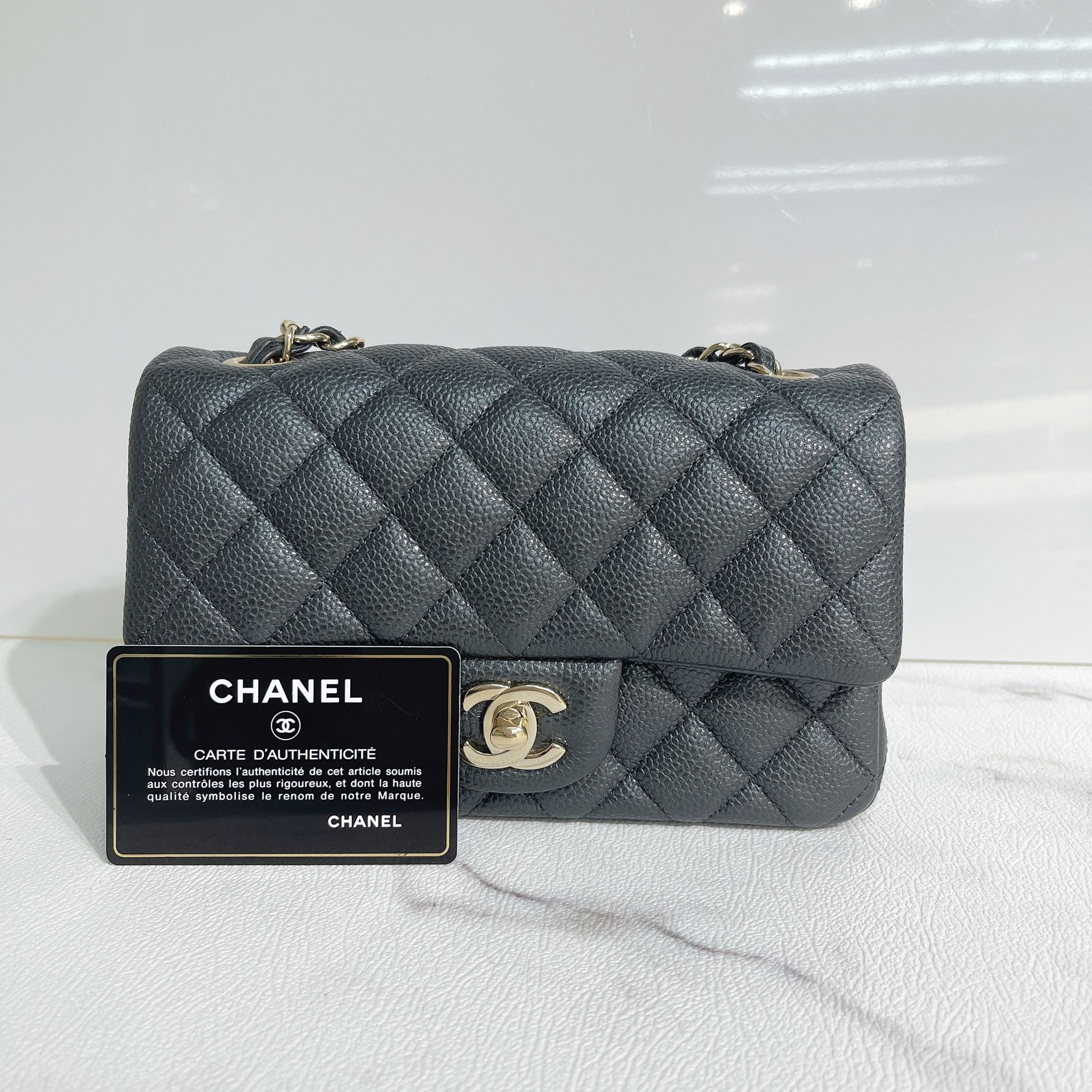 Season Collection ! Chanel 18685887 Dark Grey Caviar Chunky Chain Flap Bag  in Brass Gold Hardware