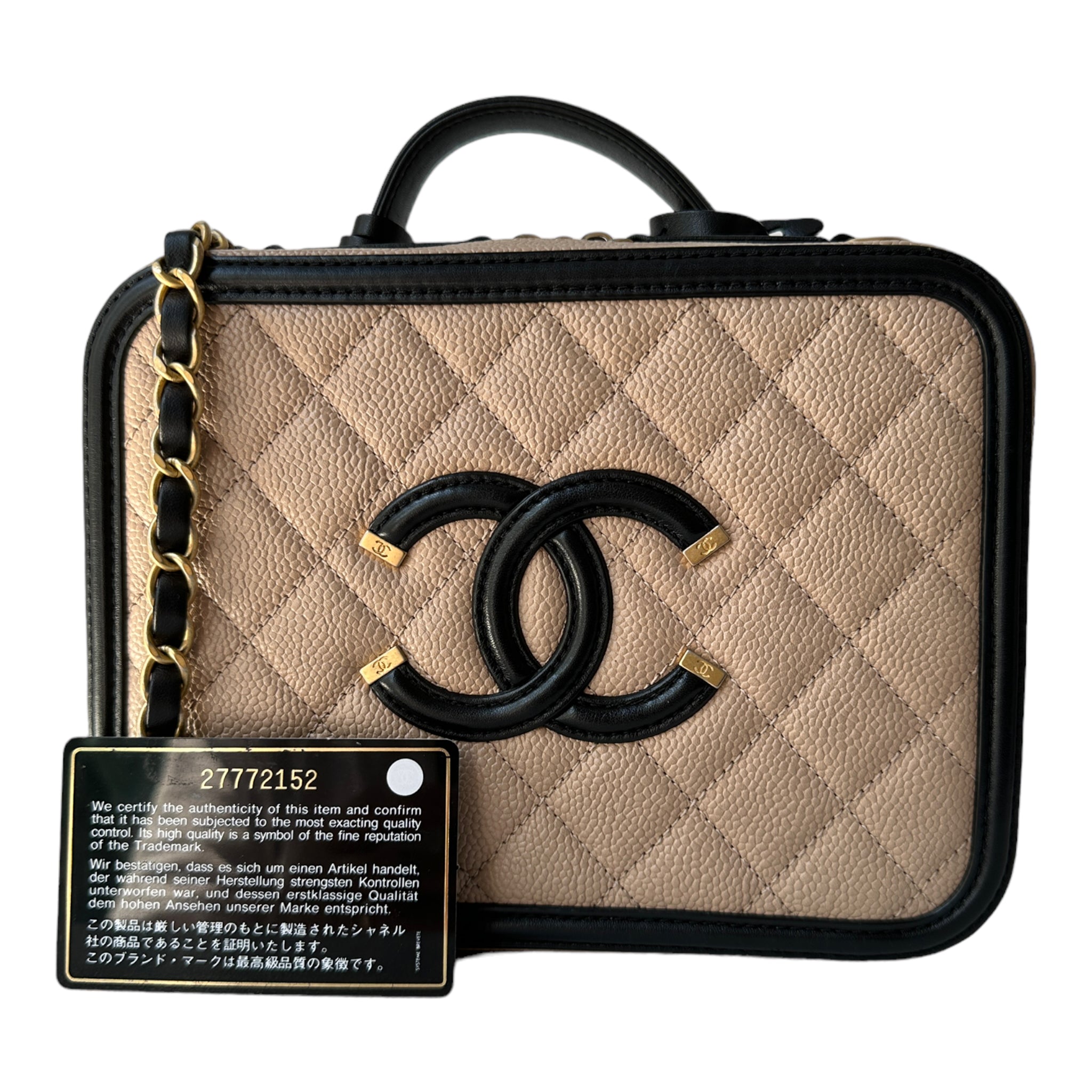 Chanel Quilted Medium CC Filigree Vanity Case Beige Caviar Gold